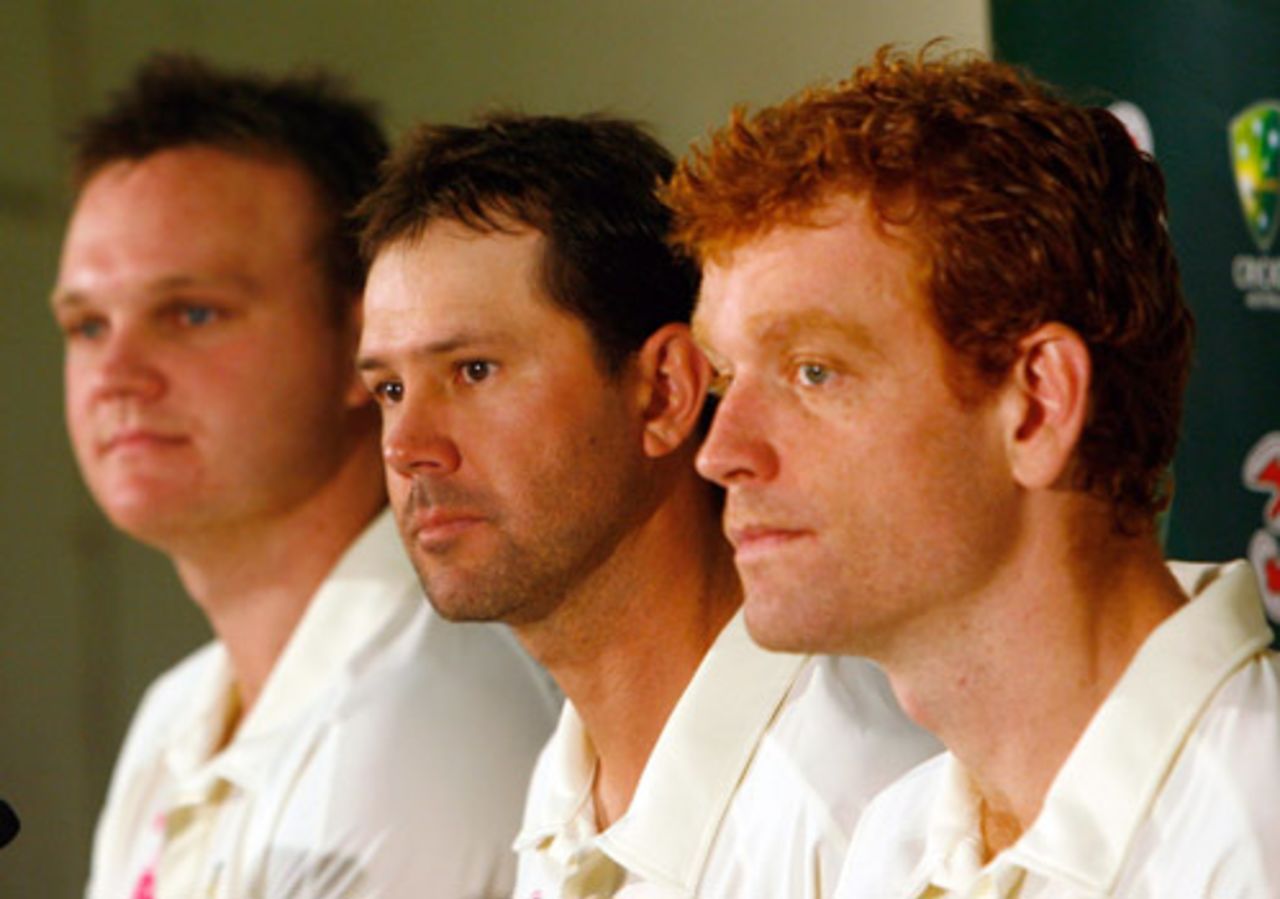 Doug Bollinger, Ricky Ponting and Andrew McDonald at a press conference, Sydney, January 2, 2009