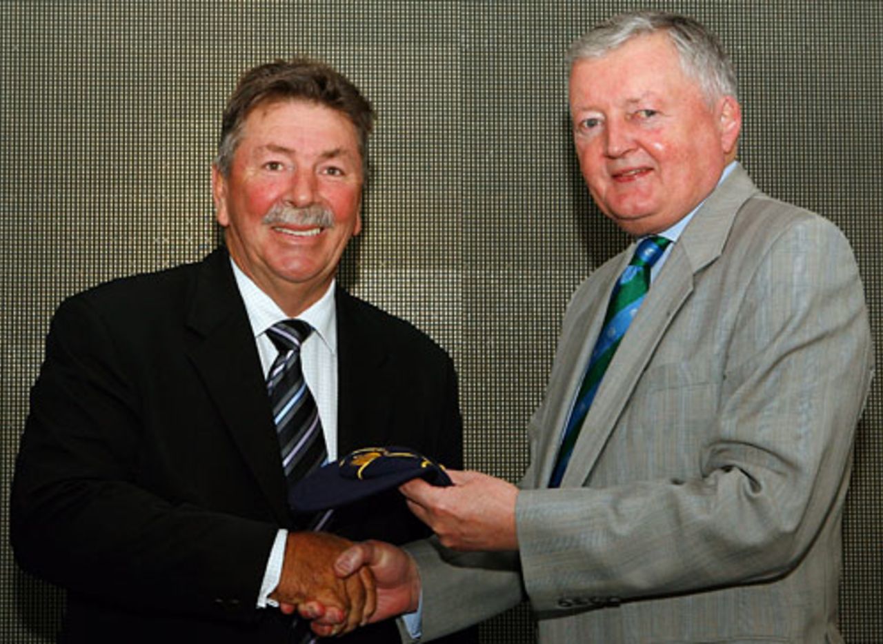 Rodney Marsh is presented with a cap by ICC President David Morgan to commemorate his induction into the ICC Hall of Fame, Sydney, January 2, 2009