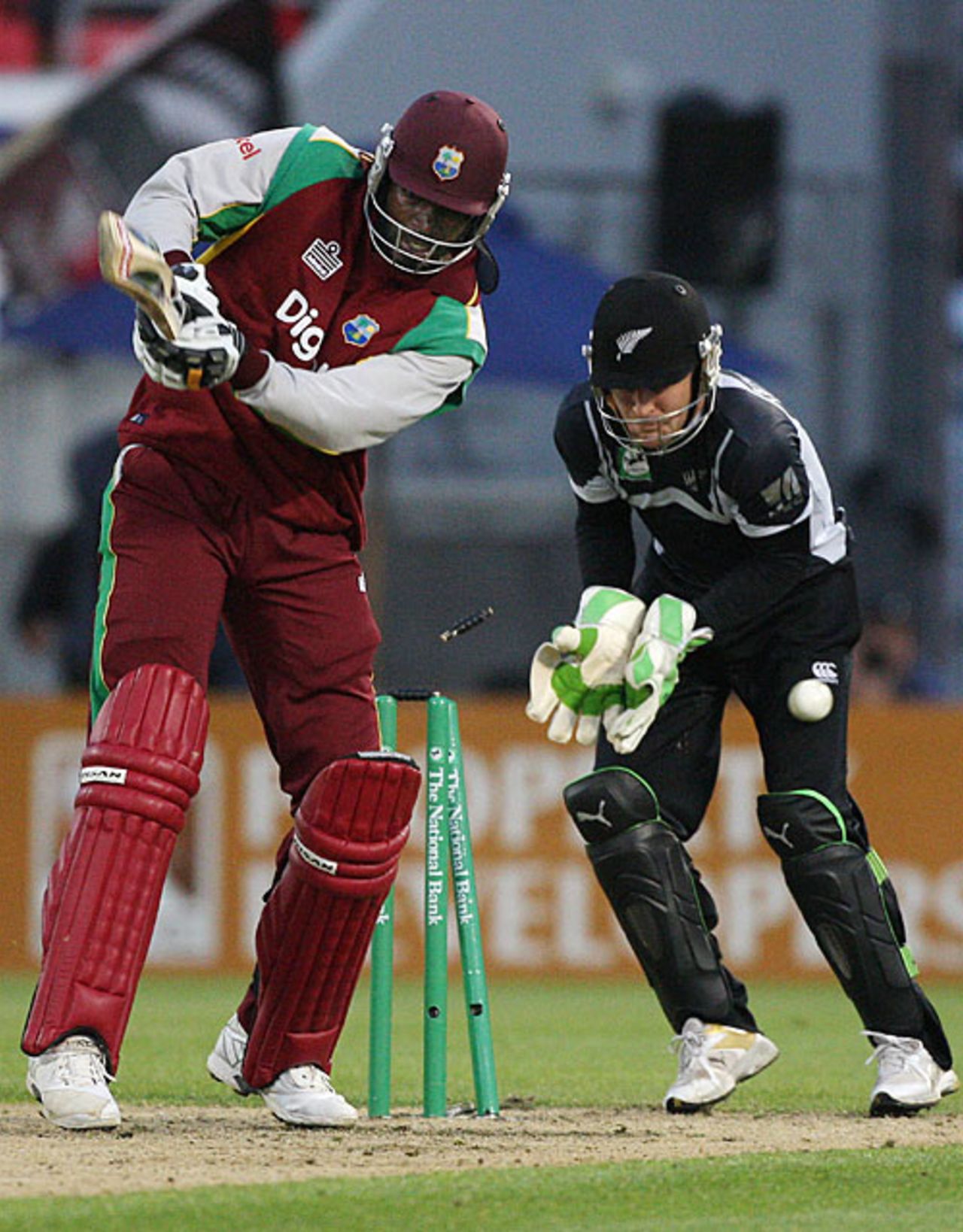 Chris Gayle is bowled for 36, New Zealand v West Indies, 2nd ODI, Christchurch, January 3, 2009