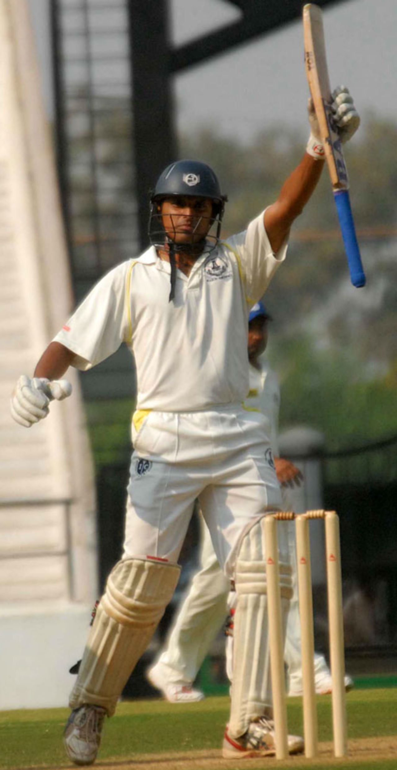 C Ganapathy raises his bat after reaching his half-century, Tamil Nadu v Uttar Pradesh, Ranji Super League semi-final, 2nd day, Nagpur, January 5, 2009