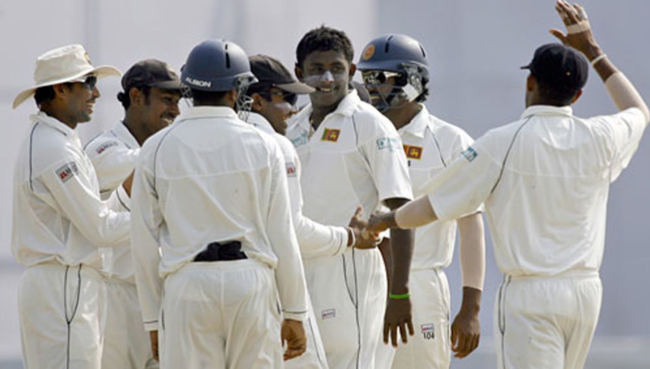 Ajantha Mendis is mobbed by his team-mates after dismissing Mohammad Ashraful, Bangladesh v Sri Lanka, 2nd Test, Chittagong, 4th day, January 6, 2008