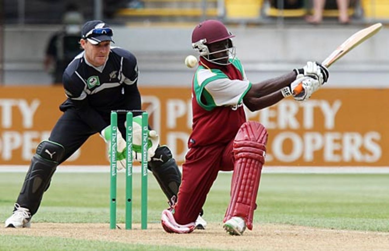 Nikita Miller fails to connect while attempting a slog sweep, New Zealand v West Indies, 3rd ODI, Wellington, January 7, 2009
