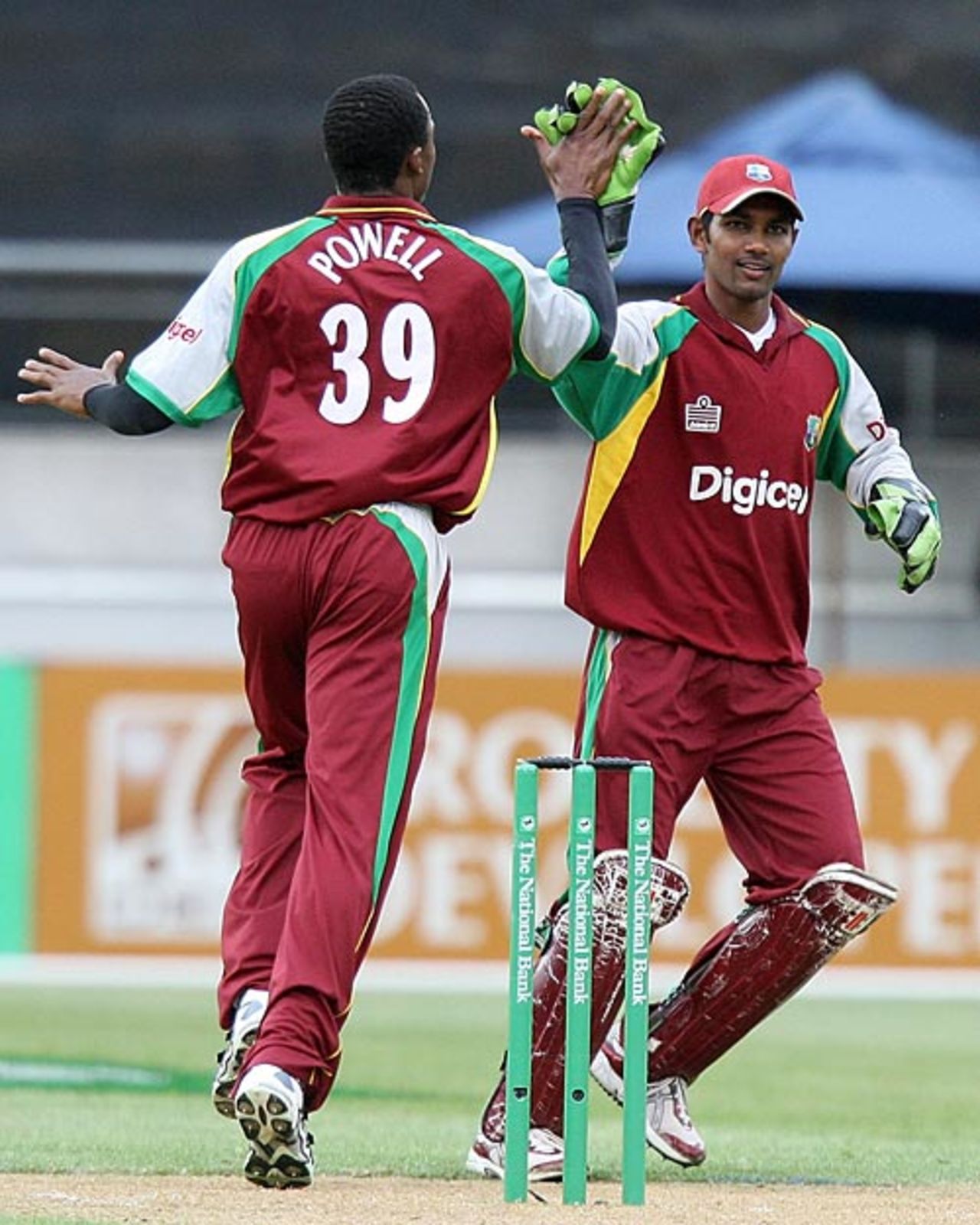 Daren Powell and Denesh Ramdin celebrate the fall of Brendon McCullum's wicket, New Zealand v West Indies, 3rd ODI, Wellington, January 7, 2009