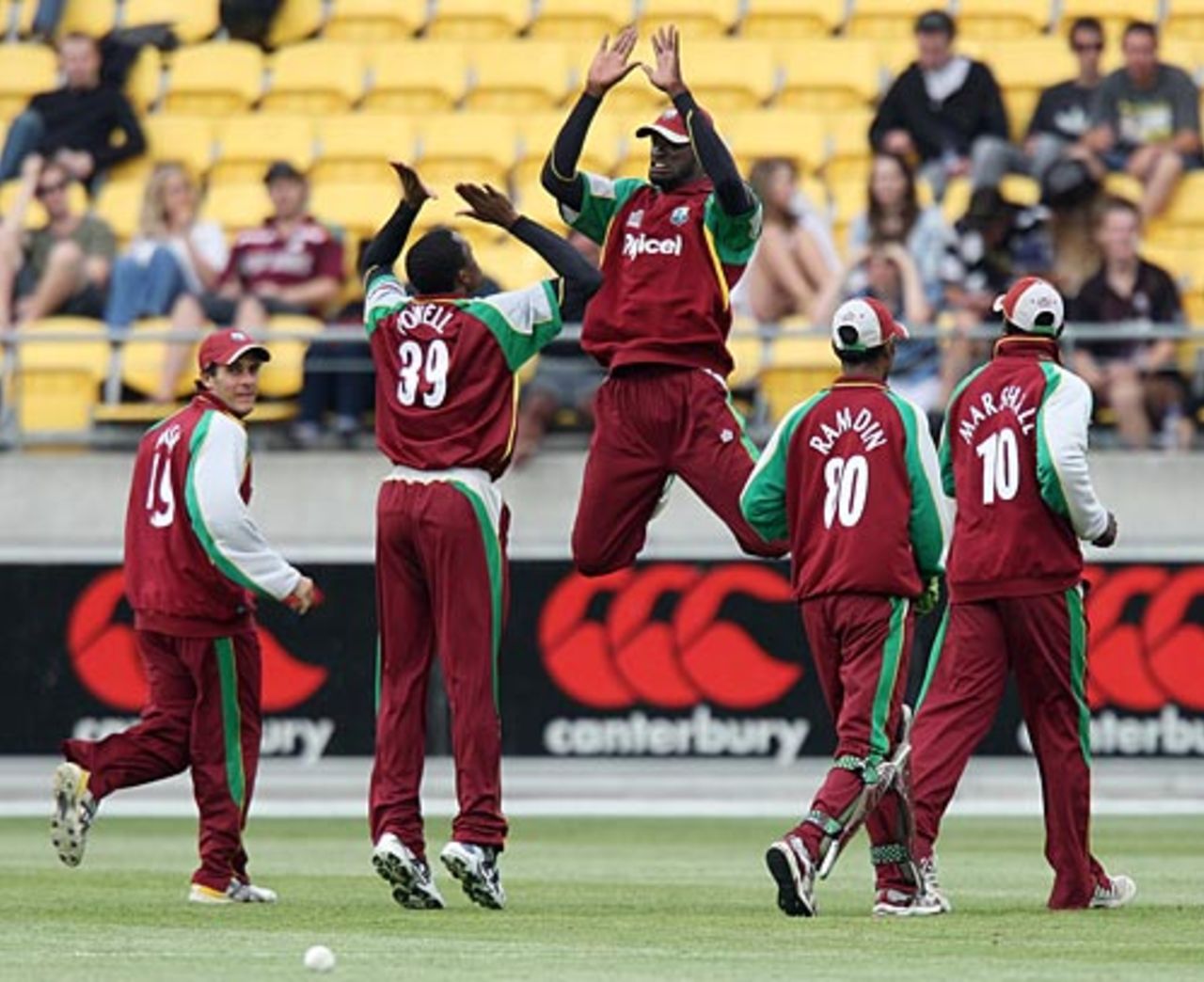 The West Indies players celebrate the fall of Jamie How's wicket, New Zealand v West Indies, 3rd ODI, Wellington, January 7, 2009