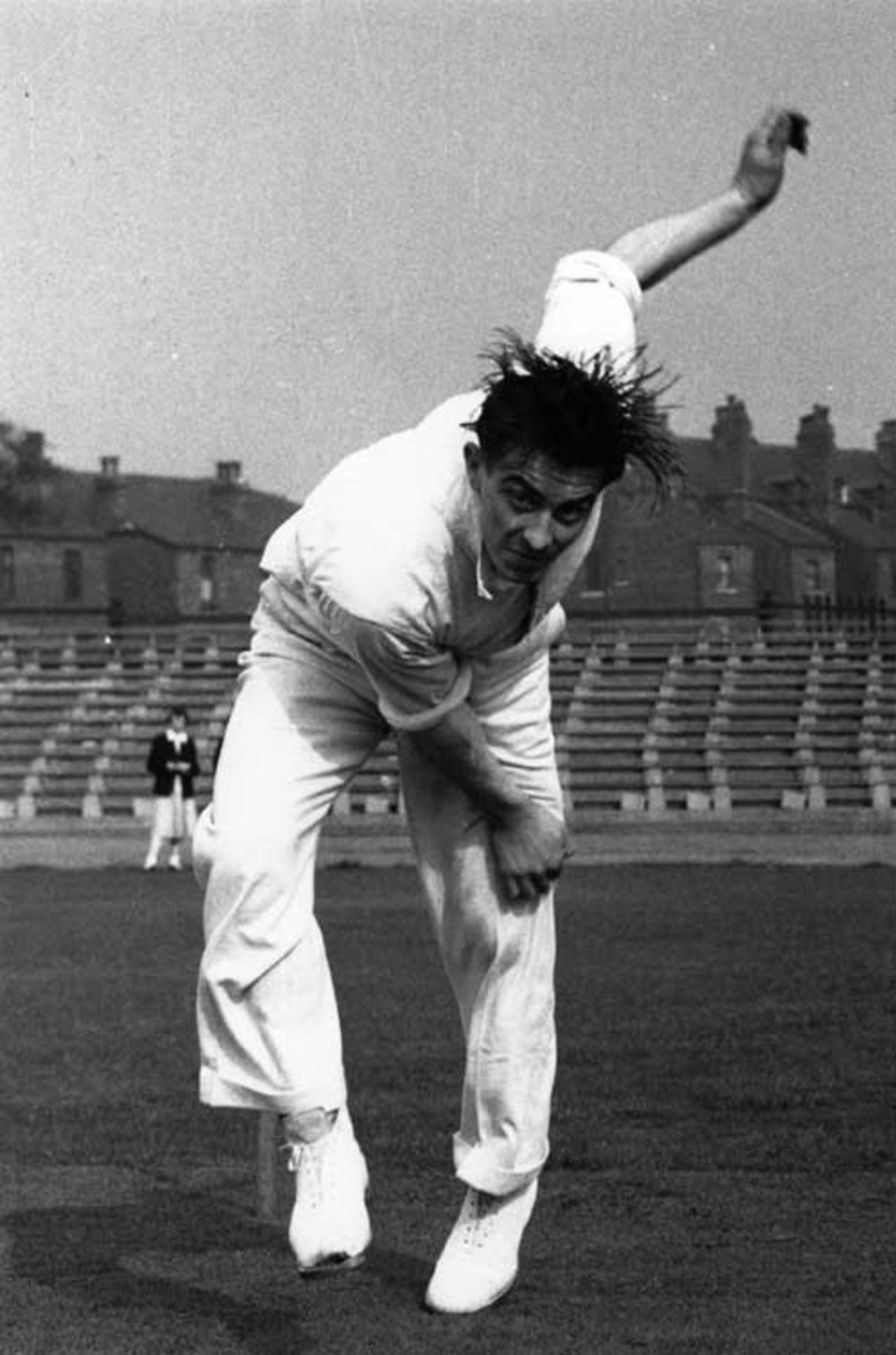 Fred Trueman bowls, May 1953