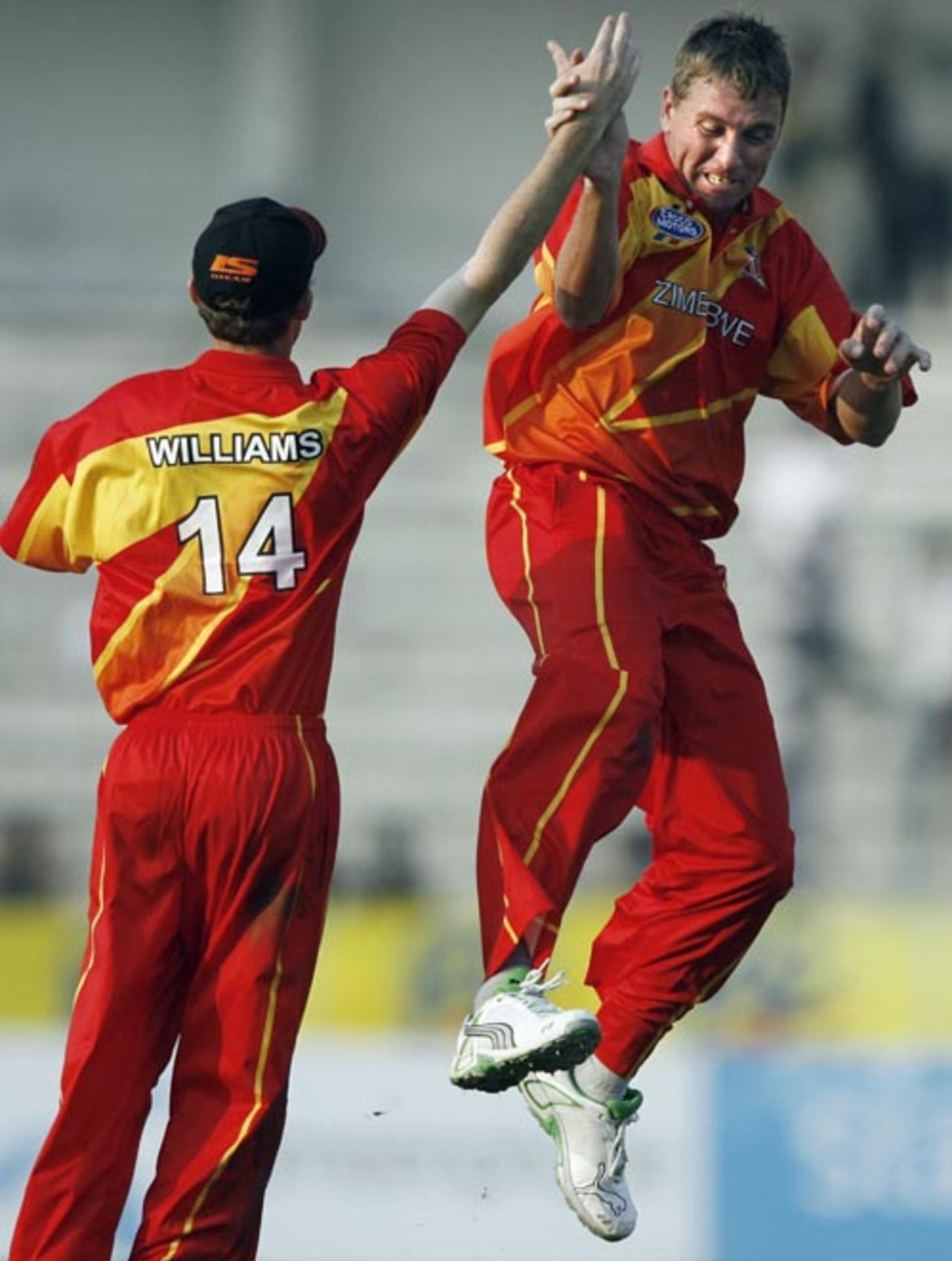 Ray Price celebrates with Sean Williams after getting his first wicket, Bangladesh v Zimbabwe, 1st ODI, Bangladesh tri-series, Mirpur, January 10, 2009