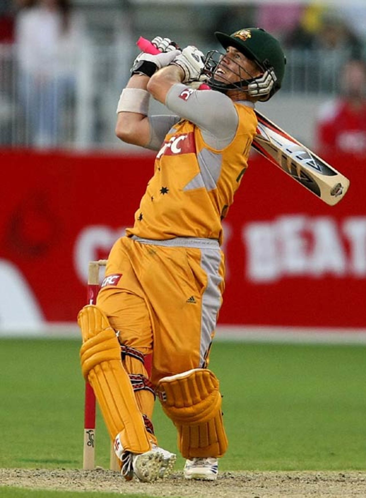 David Warner launches a huge six over midwicket on his way to 89 on debut, Australia v South Africa, 1st Twenty20 international, Melbourne, January 11, 2009