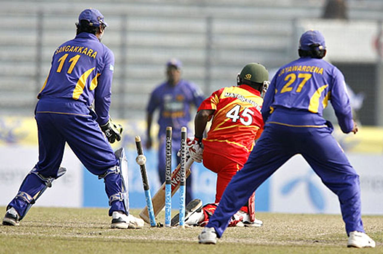 Stuart Matsikenyeri is cleaned up by Ajantha Mendis, Sri Lanka v Zimbabwe, Tri-series, 2nd match, Mirpur, January 12, 2009