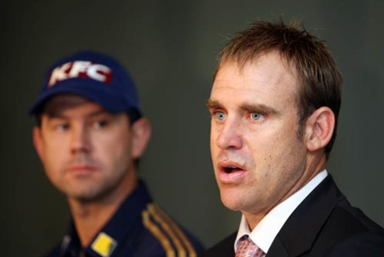 Ricky Ponting watches on as Matthew Hayden announces his retirement, Brisbane, January 13, 2009