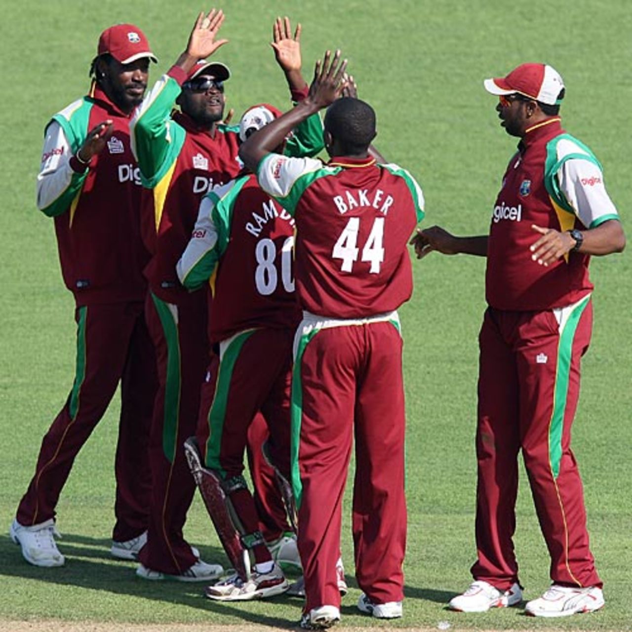Lionel Baker is congratulated by team-mates after dismissing Brendon McCullum, New Zealand v West Indies, 5th ODI, Napier, January 13, 2009