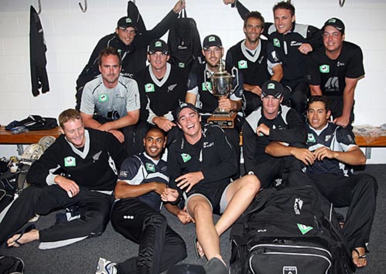 The New Zealand team celebrate in the dressing room after winning the ODI series 2-1, New Zealand v West Indies, 5th ODI, Napier, January 13, 2009
