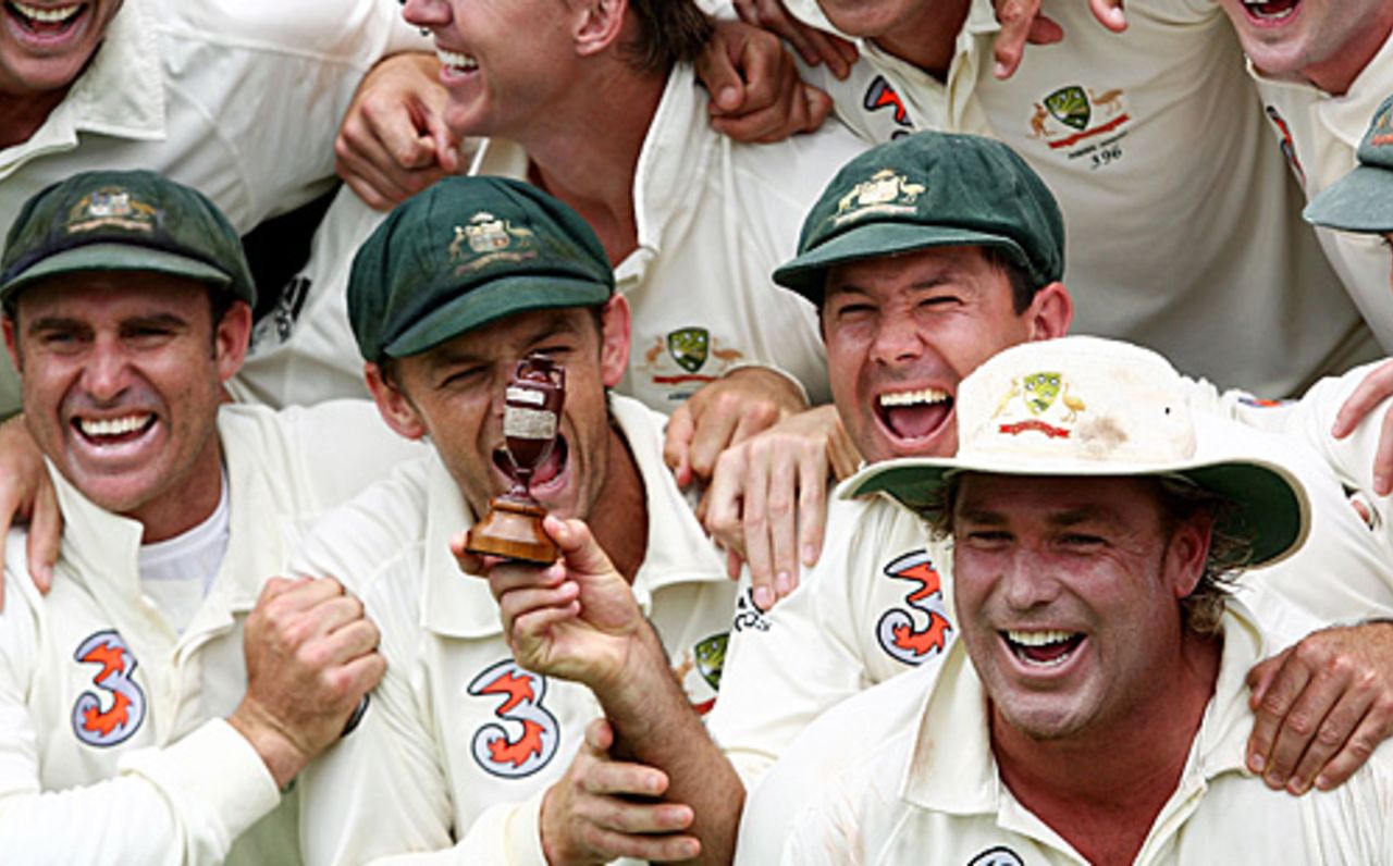 A beaming Ricky Ponting holds the Ashes urn with Matthew Hayden, Adam Gilchrist and Shane Warne, Australia v England, 3rd Test, Perth, December 18, 2006