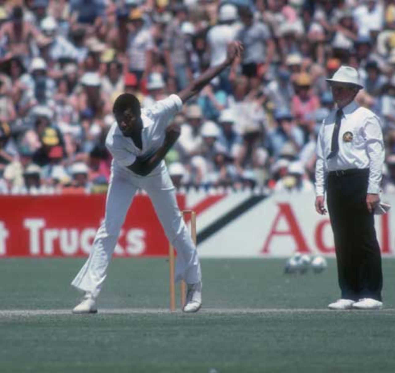 Colin Croft bowls, Australia v West Indies, third Test, Adelaide, 26th-30th January 1980. 