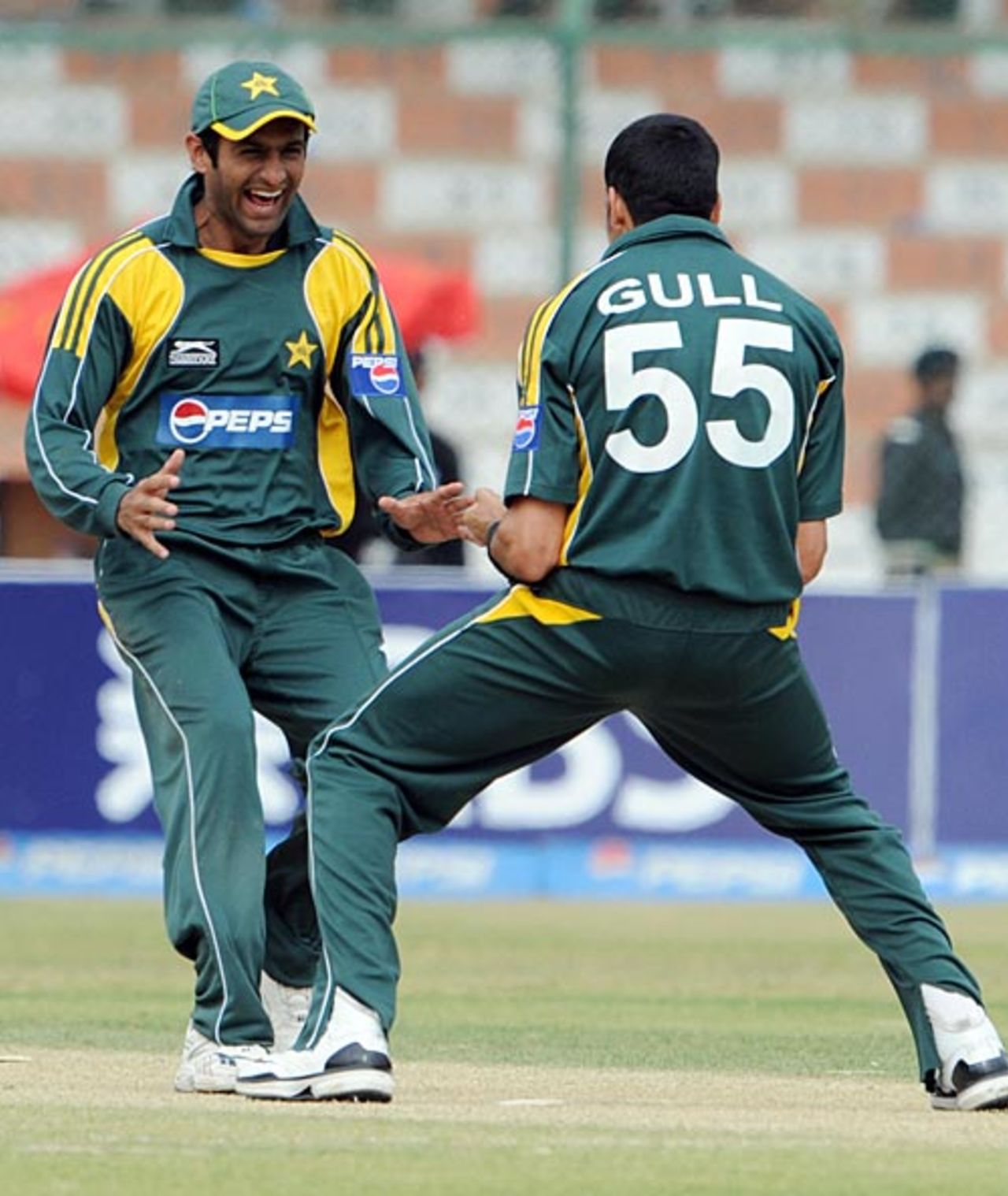 Shoaib Malik and Umar Gul celebrate Kumar Sangakkara's wicket, Pakistan v Sri Lanka, 2nd ODI, Karachi, January 21, 2009