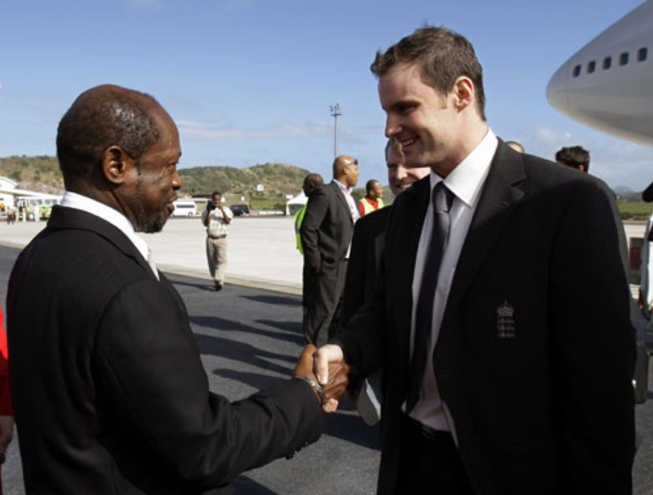 Andrew Strauss is welcomed by Denzil Douglas, prime minister of St. Kitts and Nevis, upon England's arrival in Basseterre, January. 21, 2009
