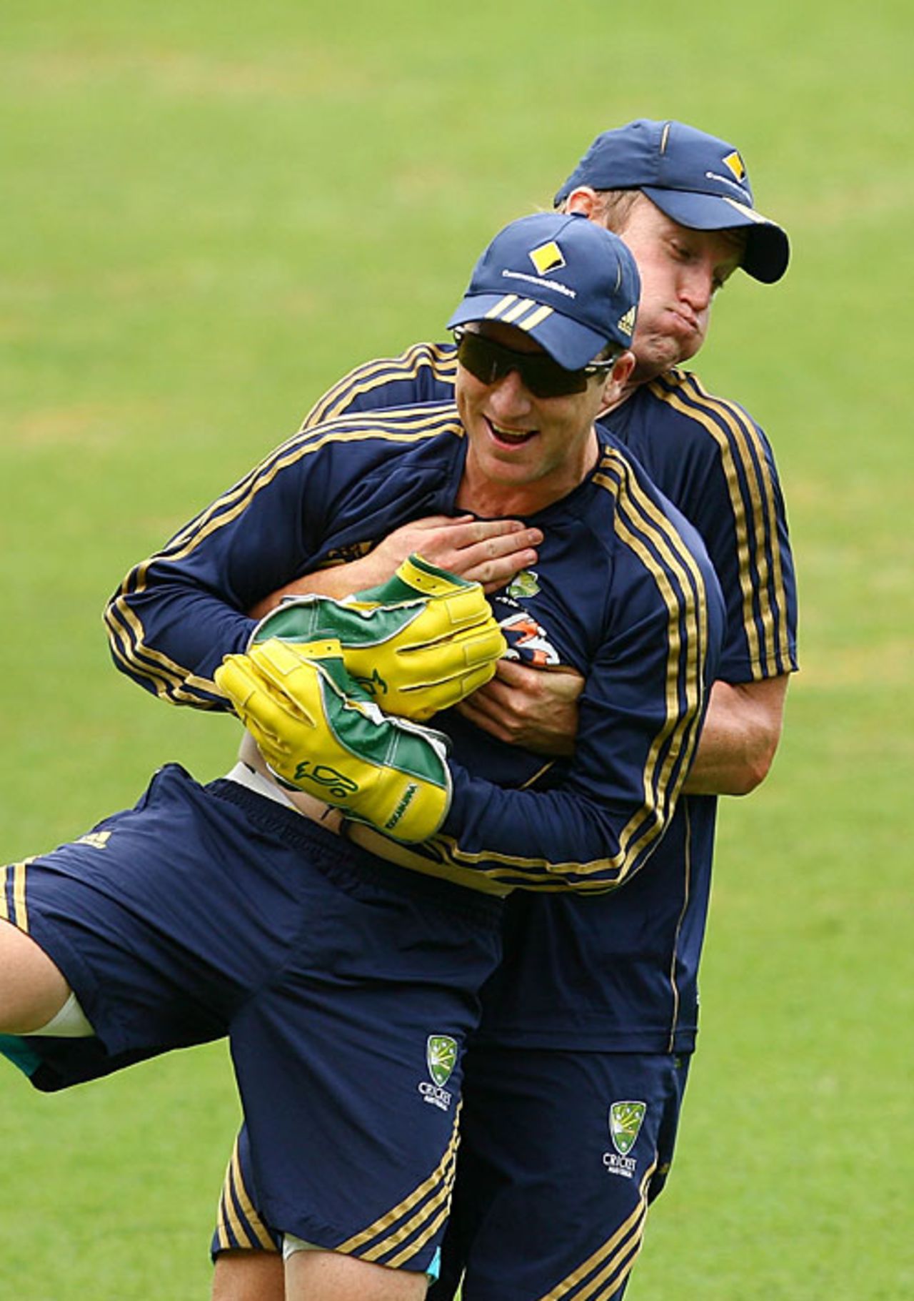 Brad Haddin and Cameron White share a light moment during training, Sydney, January 22, 2009