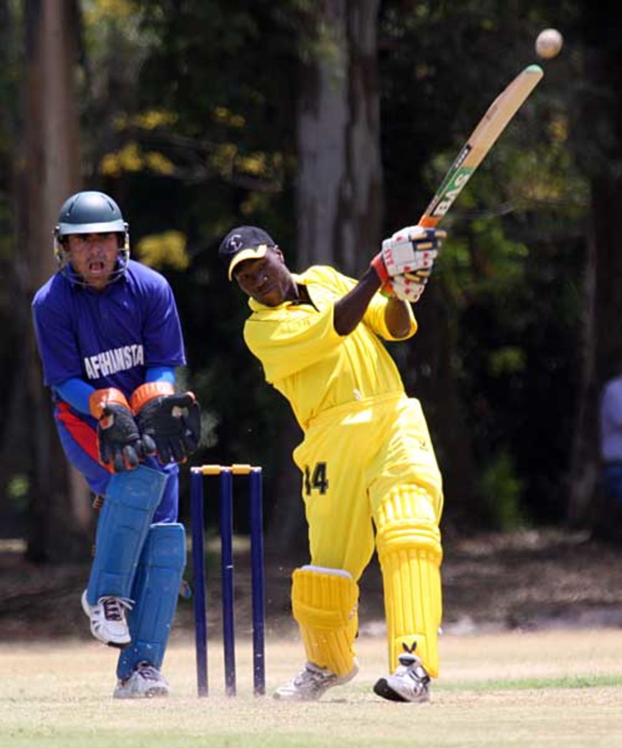 Frank Nsubuga launches one of his three sixes in his 62 off 44 balls, Uganda v Afghanistan, Buenos Aires, January 24, 2009