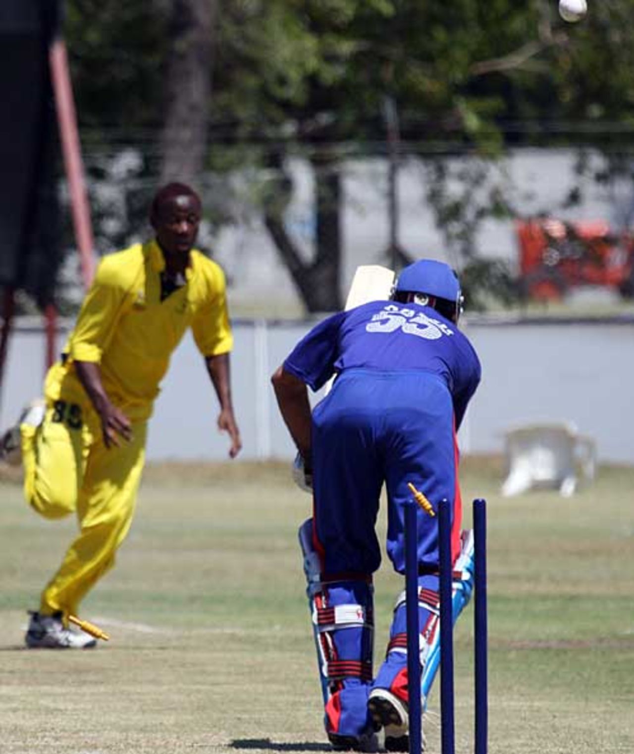Asghar Stanikzai is bowled by Danniel Ruyange, Uganda v Afghanistan, Buenos Aires, January 24, 2009
