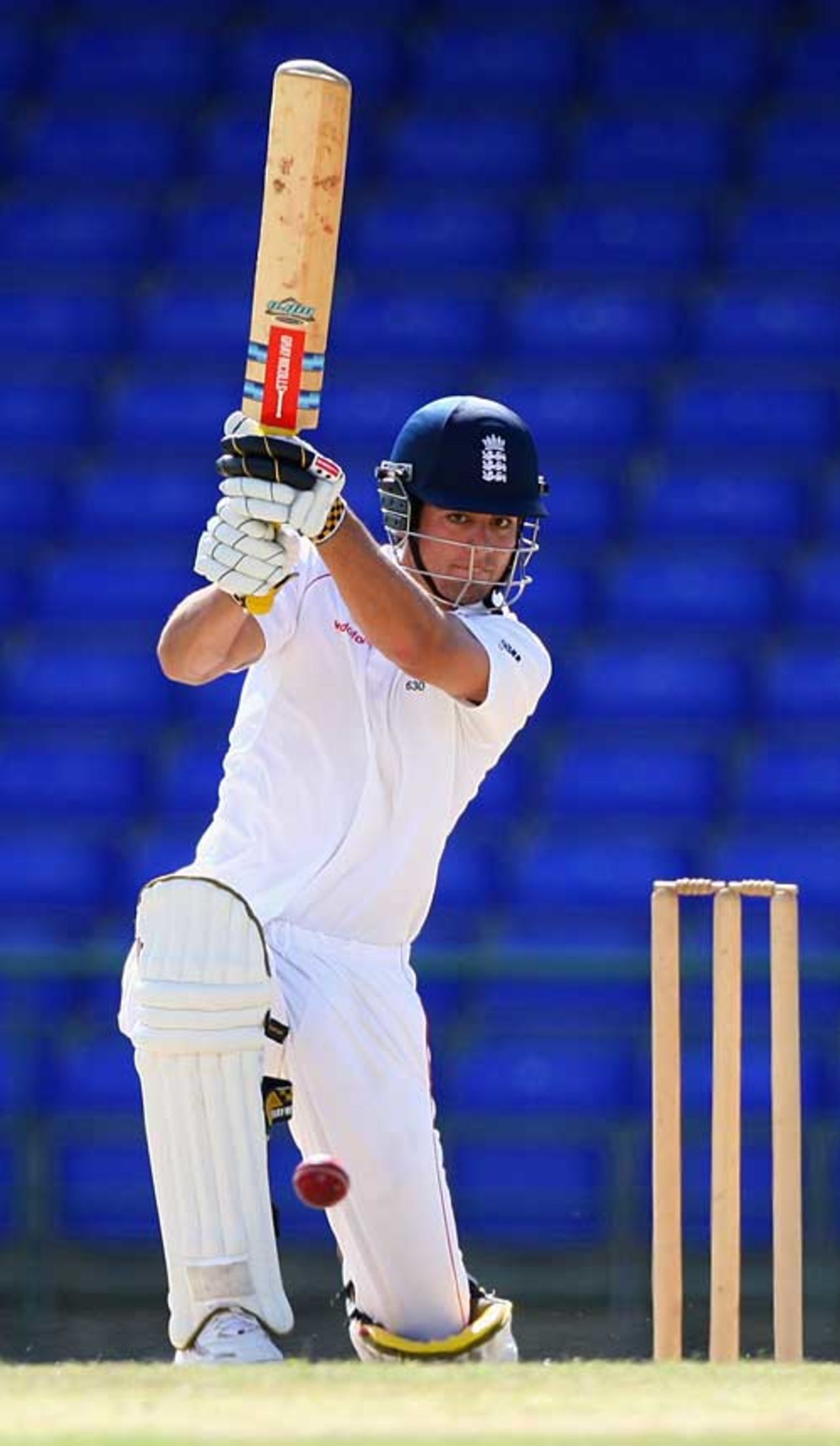 Alastair Cook drives down the ground but fell shortly before lunch for 52, St Kitts & Nevis XI v England XI, Warner Park, January 25, 2009