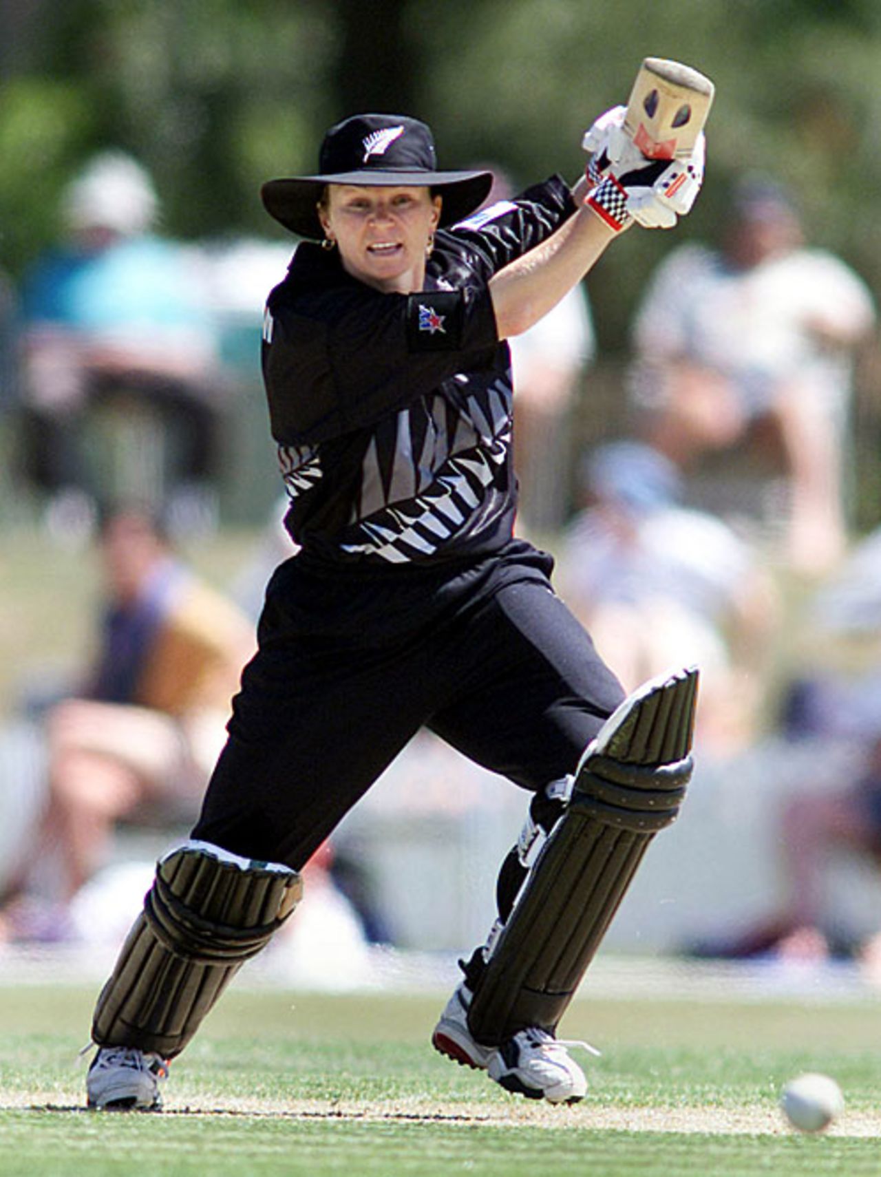 Emily Drumm drives on the off side, New Zealand v India, Women's World Cup semi-final, Lincoln, December 20, 2000