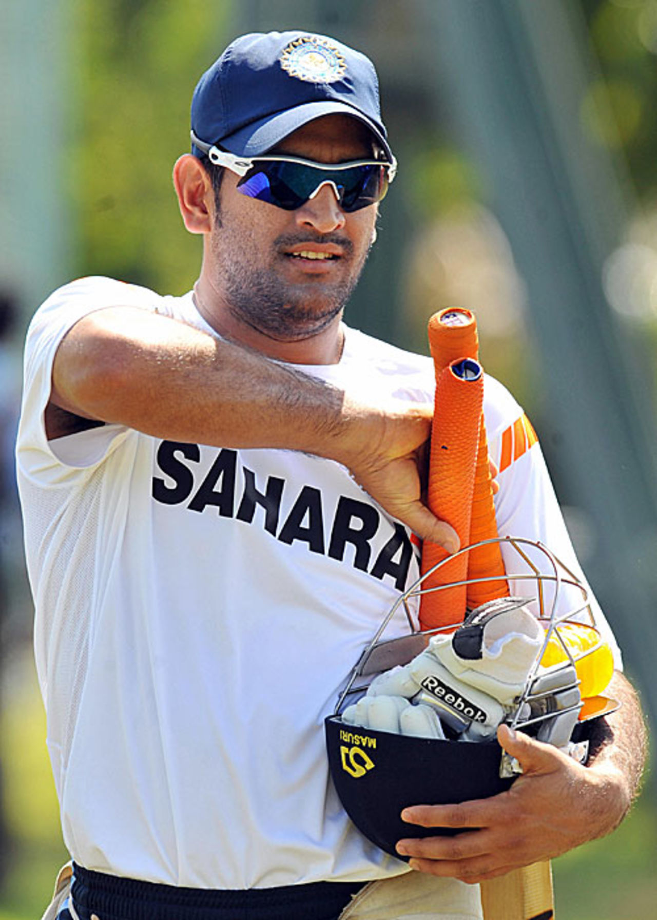 Mahendra Singh Dhoni gets ready for a hit at the nets, Dambulla, January 27, 2009