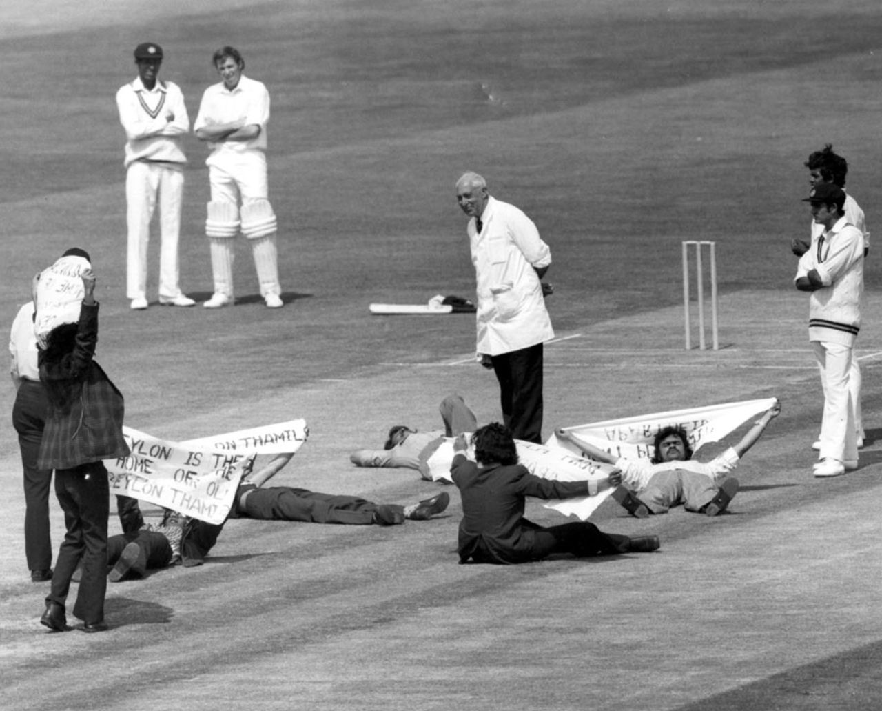 Demonstrators hold up the game by lying on the pitch, Australia v Sri Lanka, World Cup, The Oval, June 11, 1975