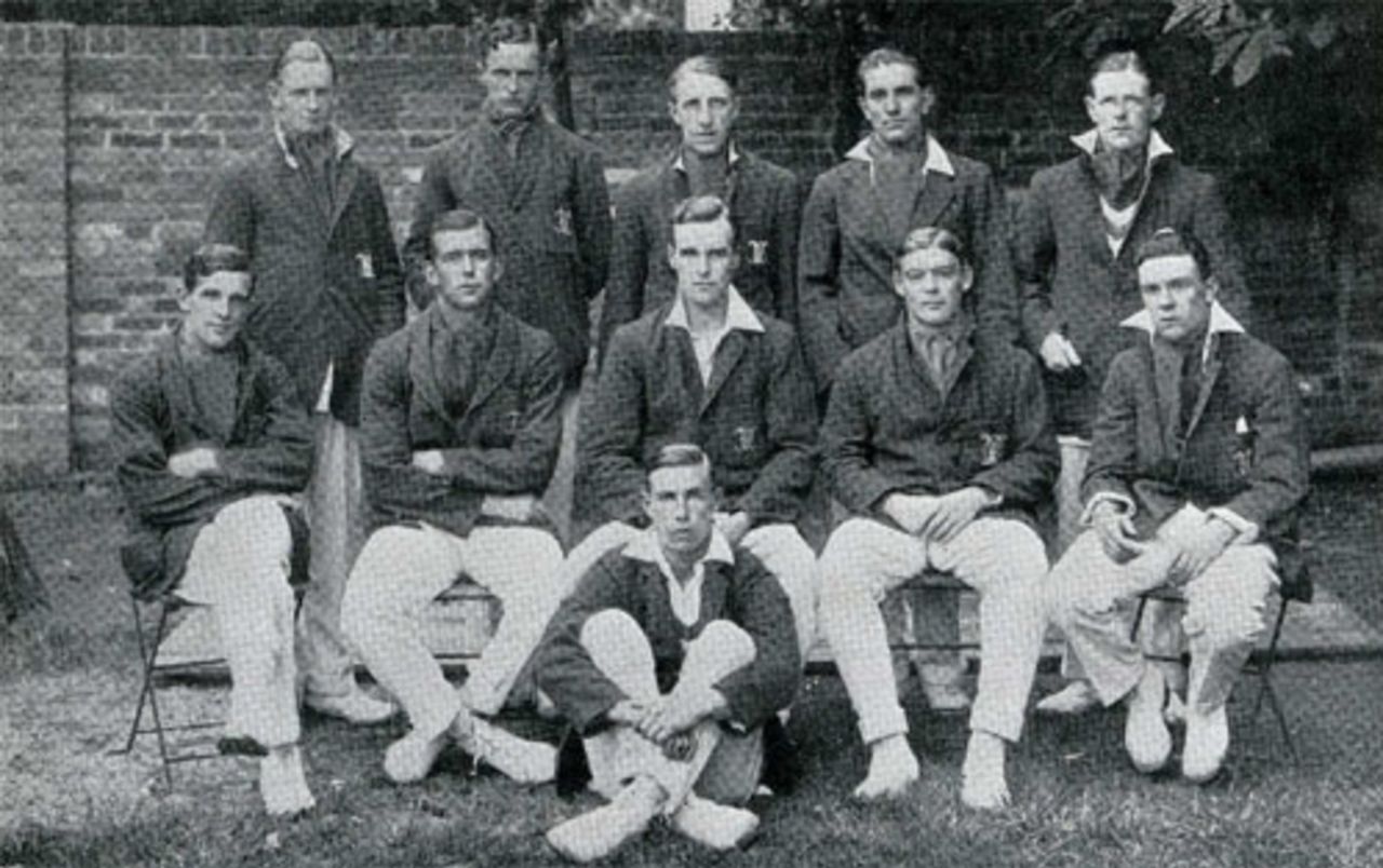 The Oxford side of 1922. Back: CJ Knott, RC Robertson-Glasgow, BH Lyon, TB Raikes, M Patten. Middle: RL Holdsworth, RH Bettington, GTS Stevens, VR Price, LP Hedges. Front: FH Barnard.
