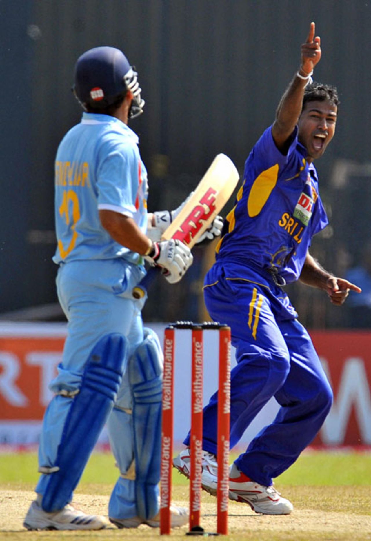 Nuwan Kulasekara celebrates after trapping Sachin Tendulkar lbw, Sri Lanka v India, 2nd ODI, Colombo, January 31, 2009