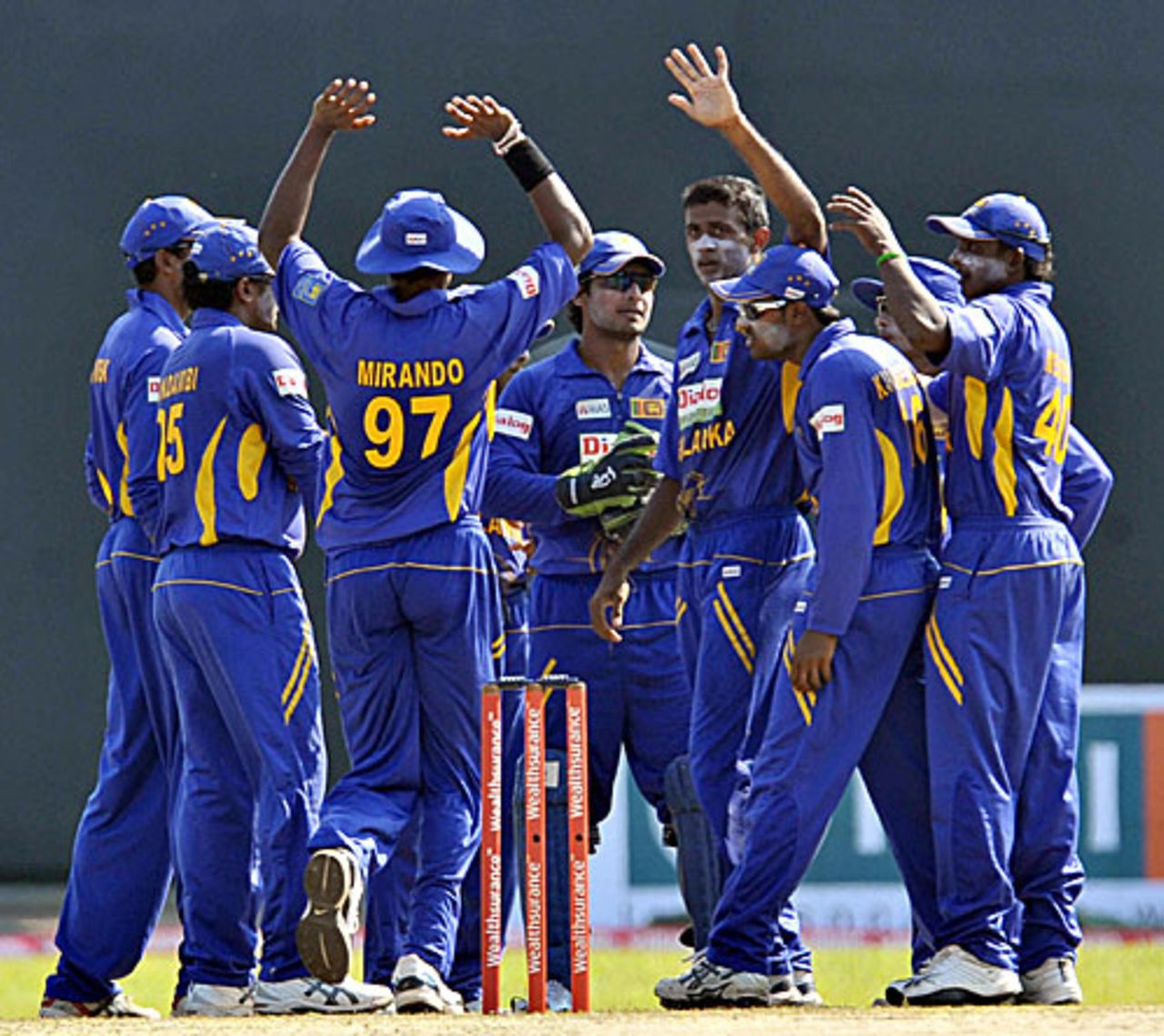 Farveez Maharoof celebrates a wicket with his team-mates, Sri Lanka v India, 2nd ODI, Colombo, January 31, 2009