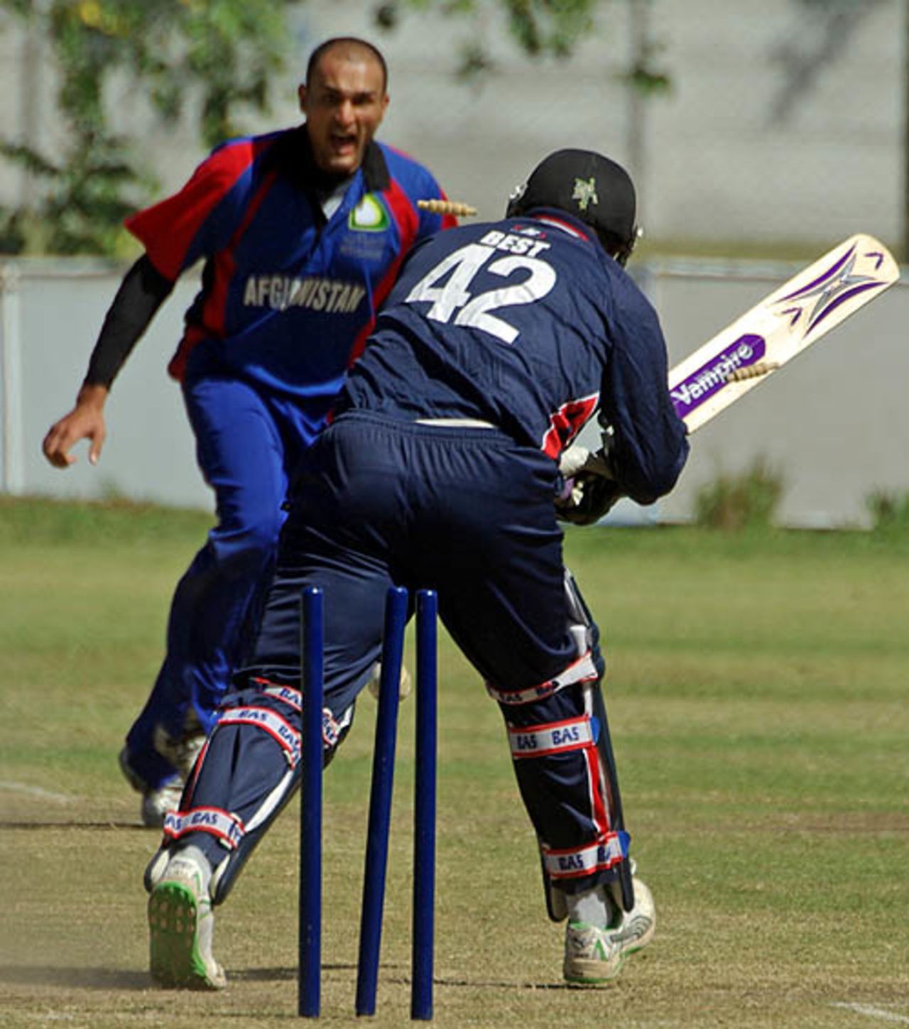 Pearson Best is castled by Hamid Hassan, Afghanistan v Cayman Islands, World Cricket League Division 3, Buenos Aires, January 31, 2009