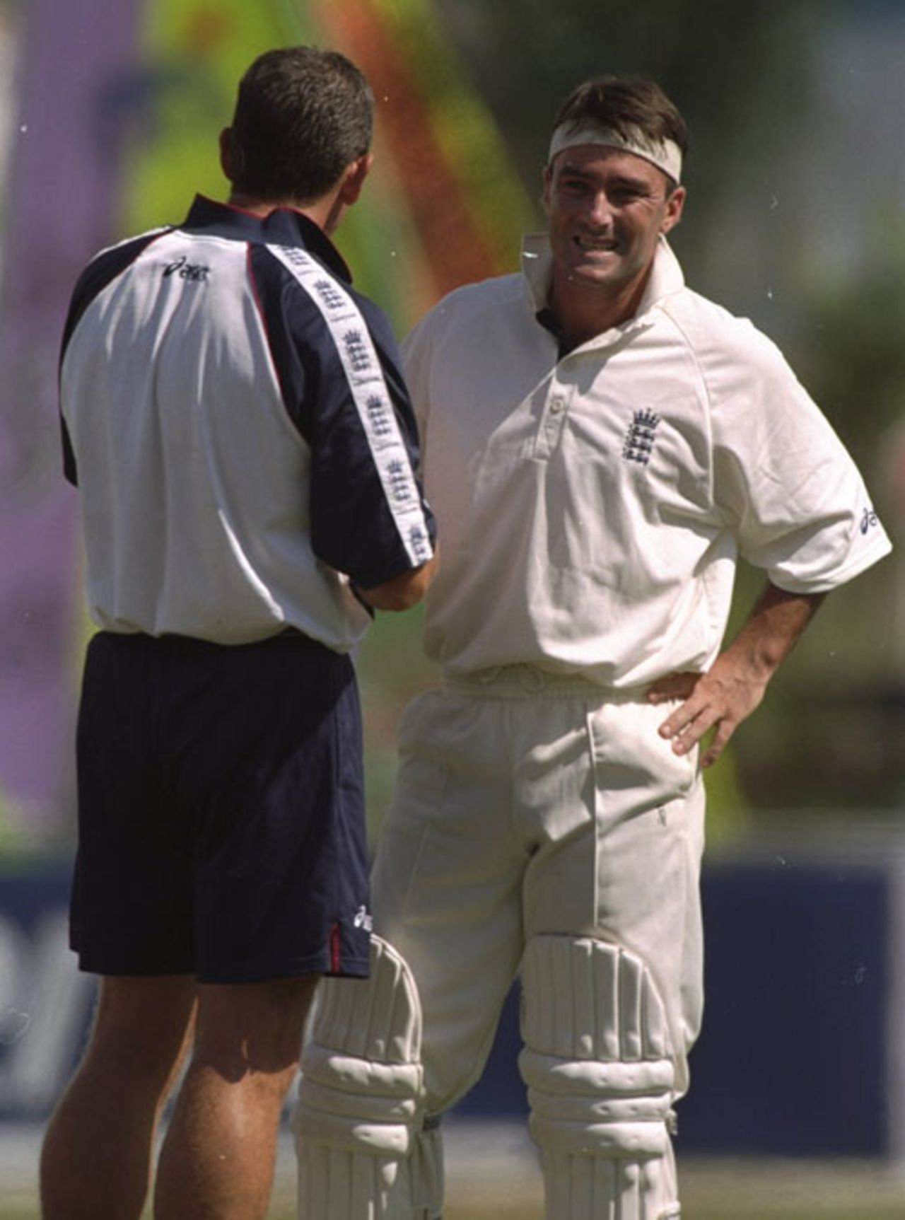 Graham Thorpe gets attention from Wayne Morton shortly before the abandonment of the Test, West Indies v England, 1st Test, Jamaica, January 29, 1998