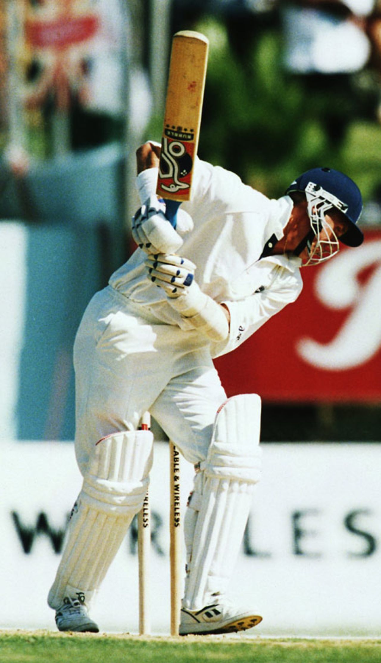 Alec Stewart takes evasive action shortly before the abandonment of the Test, West Indies v England, 1st Test, Jamaica, January 29, 1998