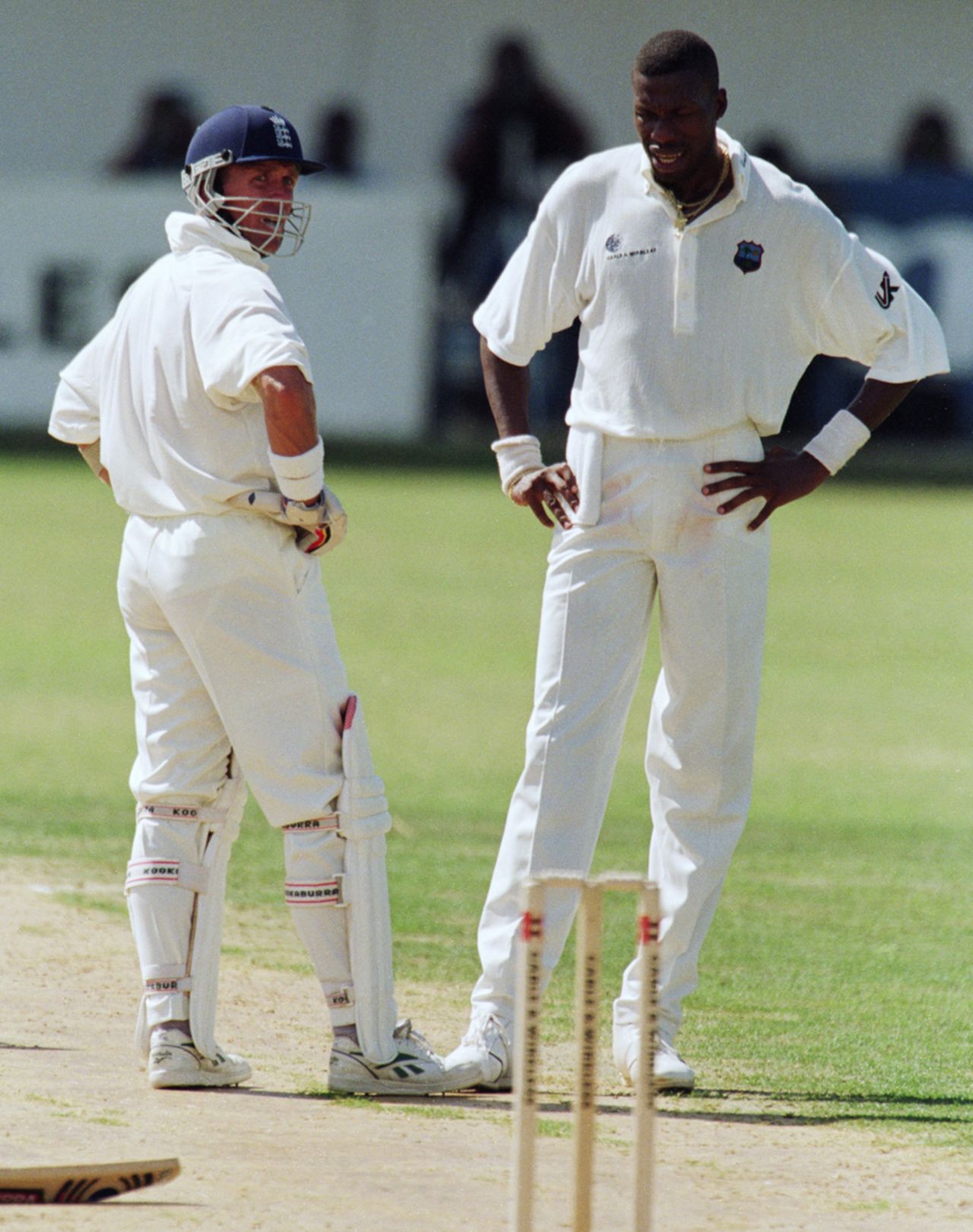 Curtly Ambrose and Alec Stewart discuss the state of the pitch shortly before the abandonment of the Test, West Indies v England, 1st Test, Jamaica, January 29, 1998