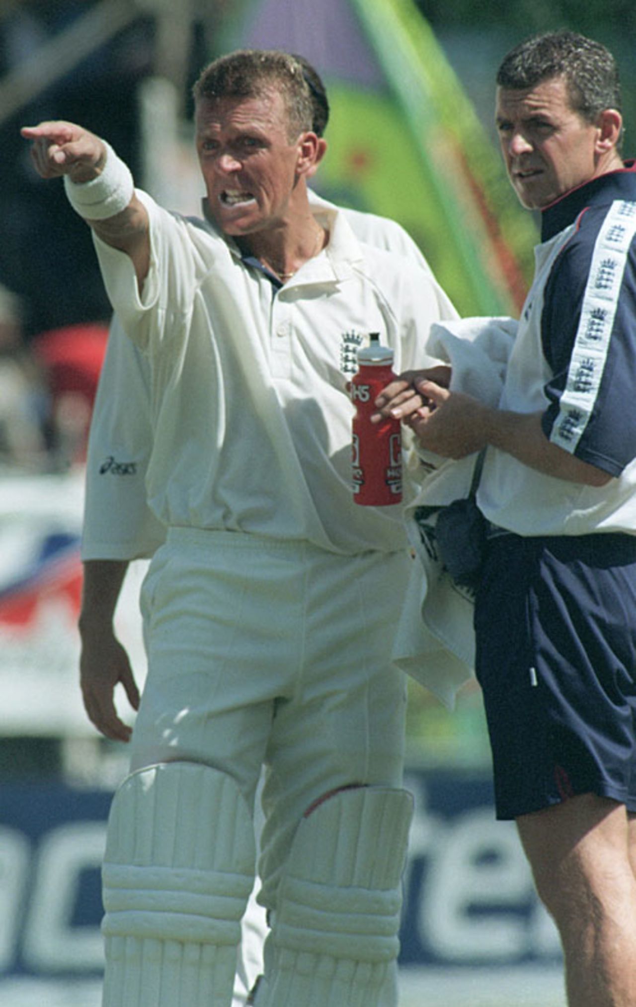 An angry Alec Stewart after being hit yet again shortly before the abandonment of the Test, West Indies v England, 1st Test, Jamaica, January 29, 1998
