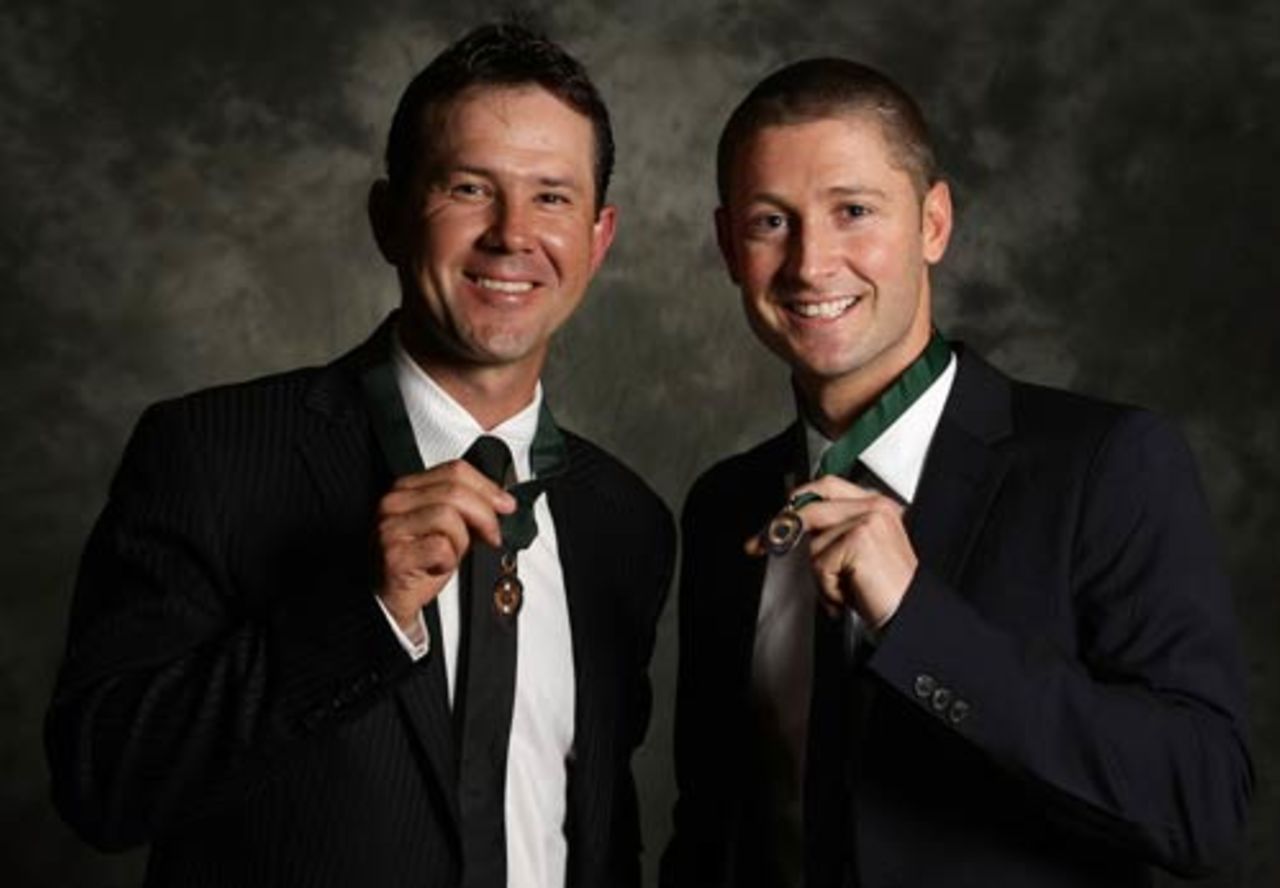 Ricky Ponting and Michael Clarke with their Allan Border Medals, Melbourne, February 3, 2009