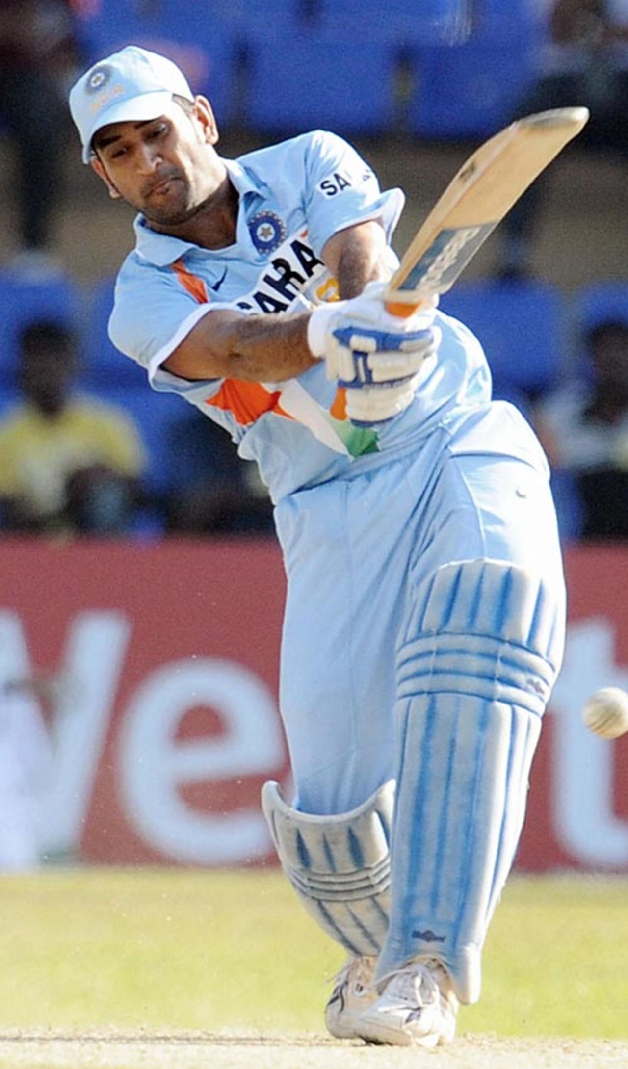 Mahendra Singh Dhoni hits down the ground, Sri Lanka v India, 4th ODI, Premadasa Stadium, Colombo, February 5, 2009