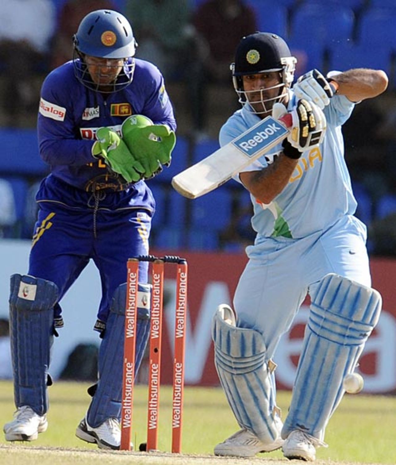 Mahendra Singh Dhoni pushes off the back foot, Sri Lanka v India, 4th ODI, Premadasa Stadium, Colombo, February 5, 2009