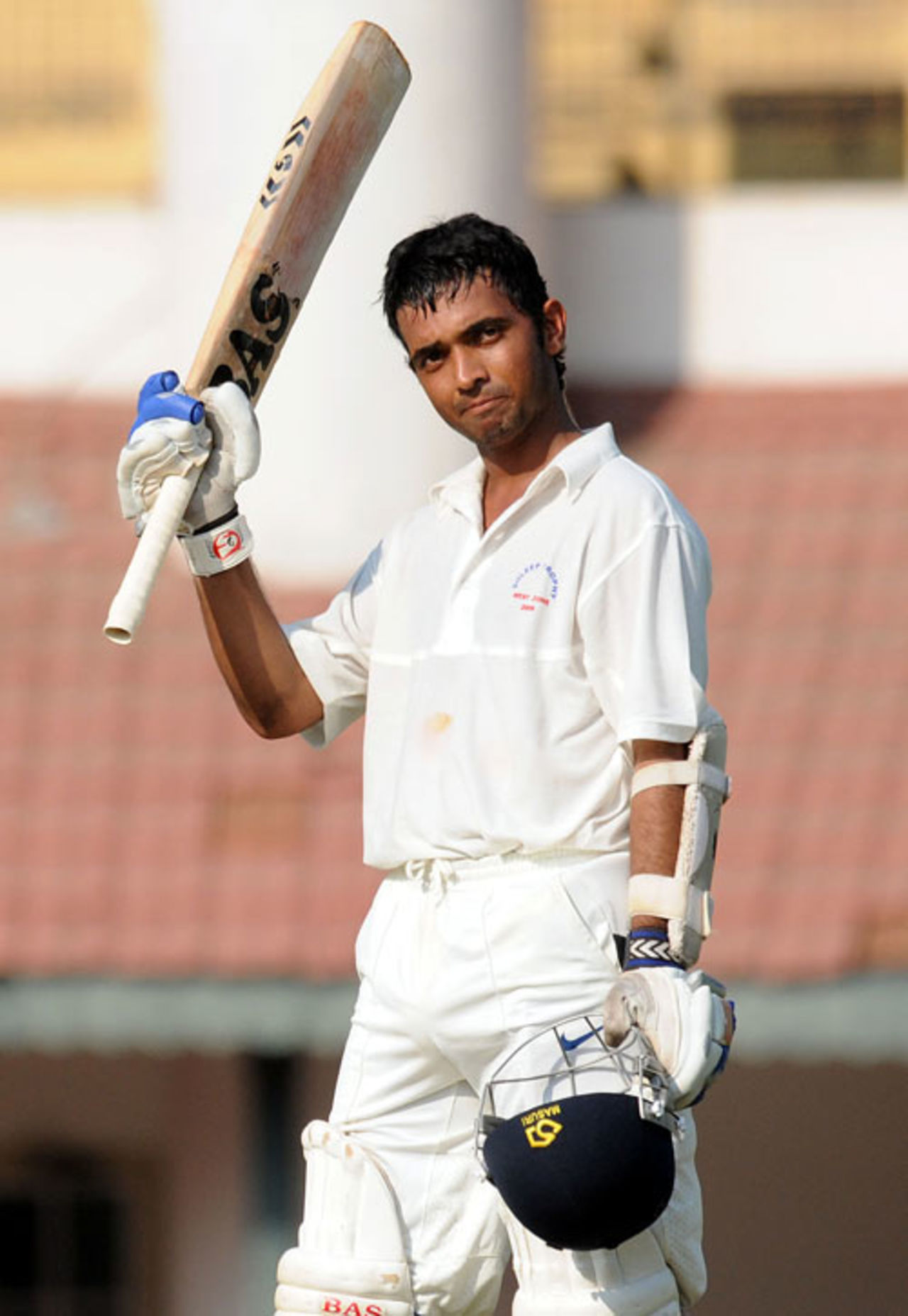 Ajinkya Rahane raises his bat on reaching his century, South Zone v West Zone, Duleep Trophy final, Chennai, 1st day, February 5, 2009