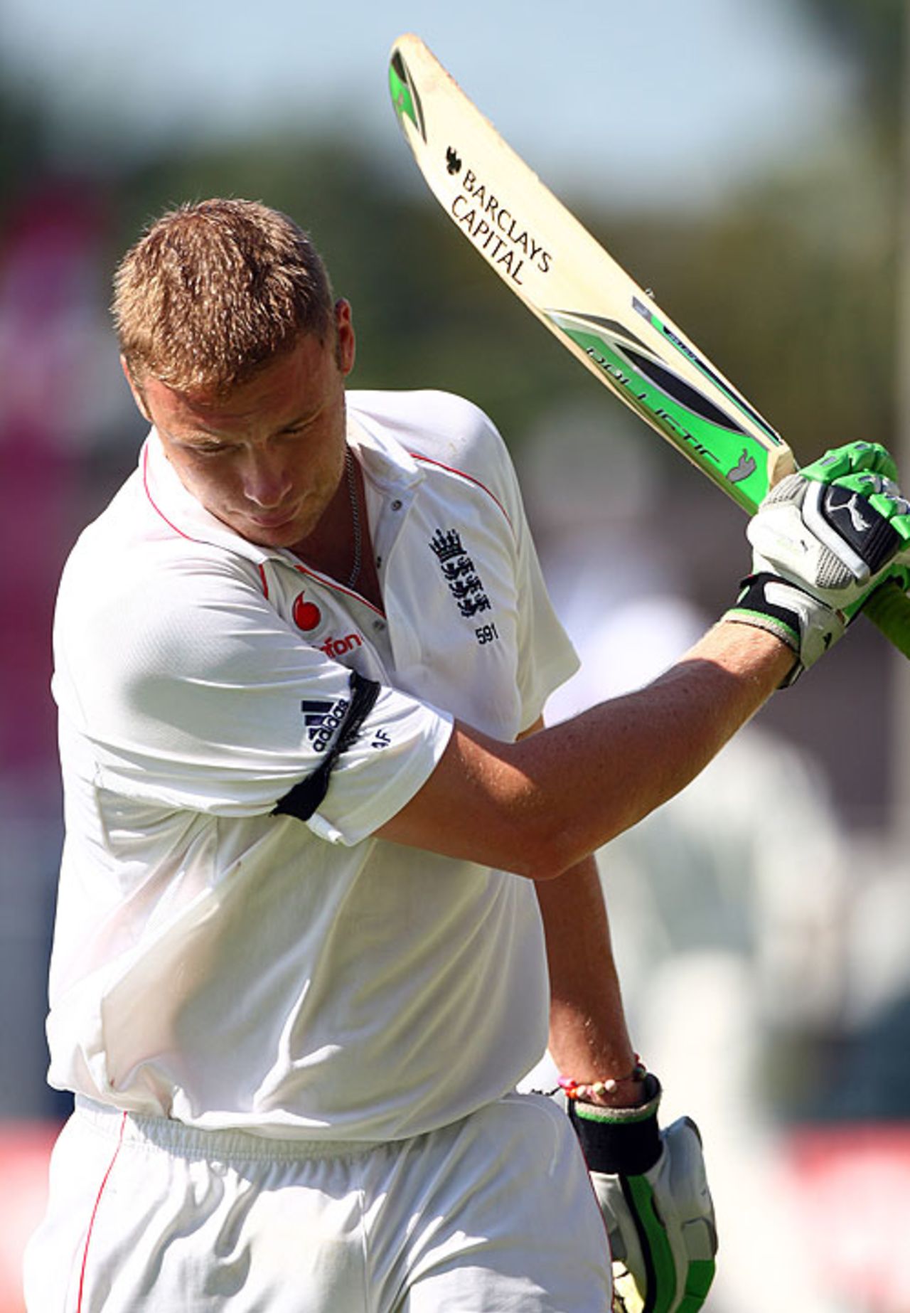 Andrew Flintoff swishes his bat in anger after falling without addition to his overnight 43, West Indies v England, 1st Test, Kingston, 2nd day, February 5, 2009