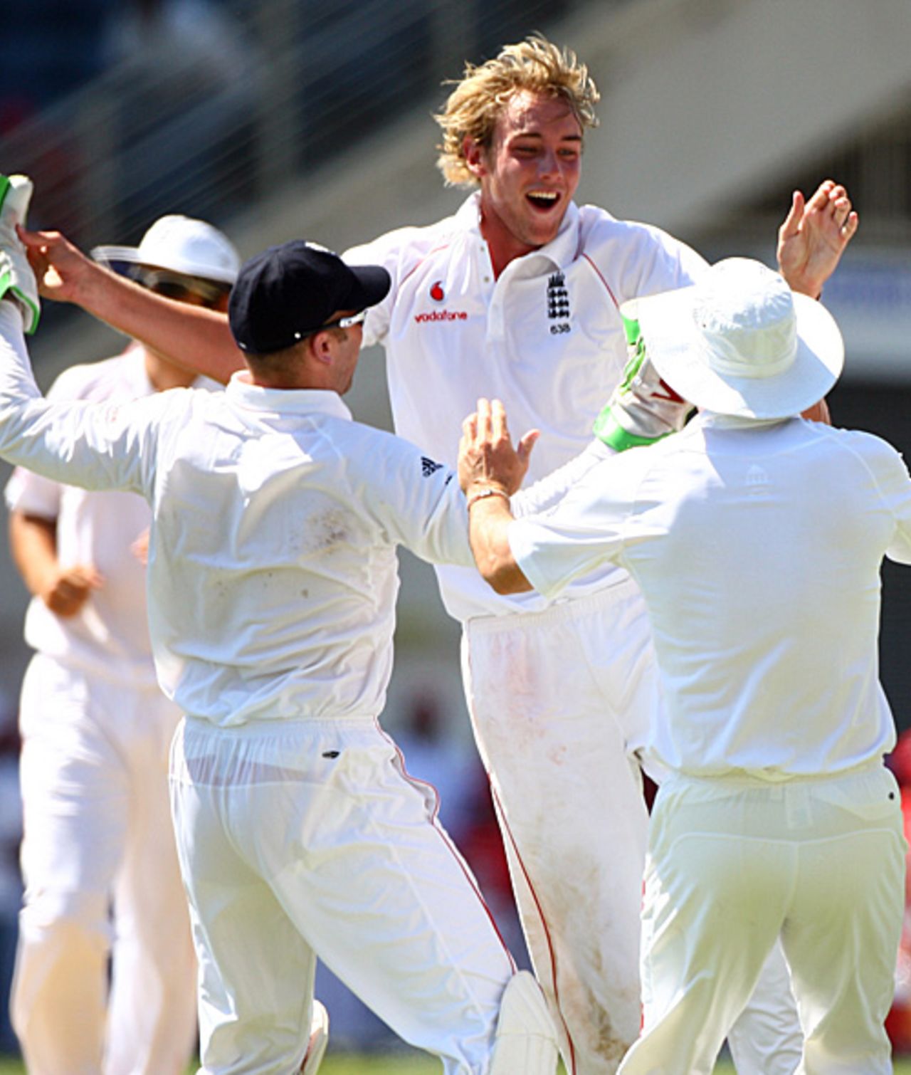 Stuart Broad is congratulated on the wicket of Chris Gayle, West Indies v England, 1st Test, Kingston, February 6, 2009