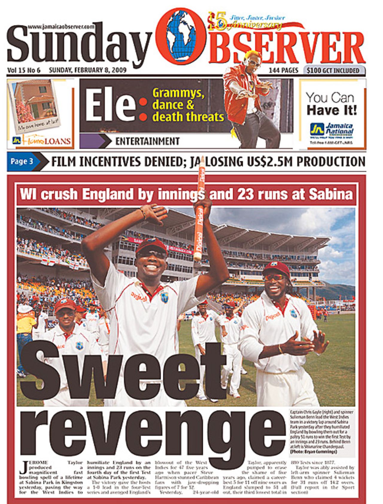 'Sweet revenge' reads the lead story in the <i>Sunday Jamaica Observer</i> after West Indies routed England, West Indies v England, 1st Test, Kingston, February 8, 2009