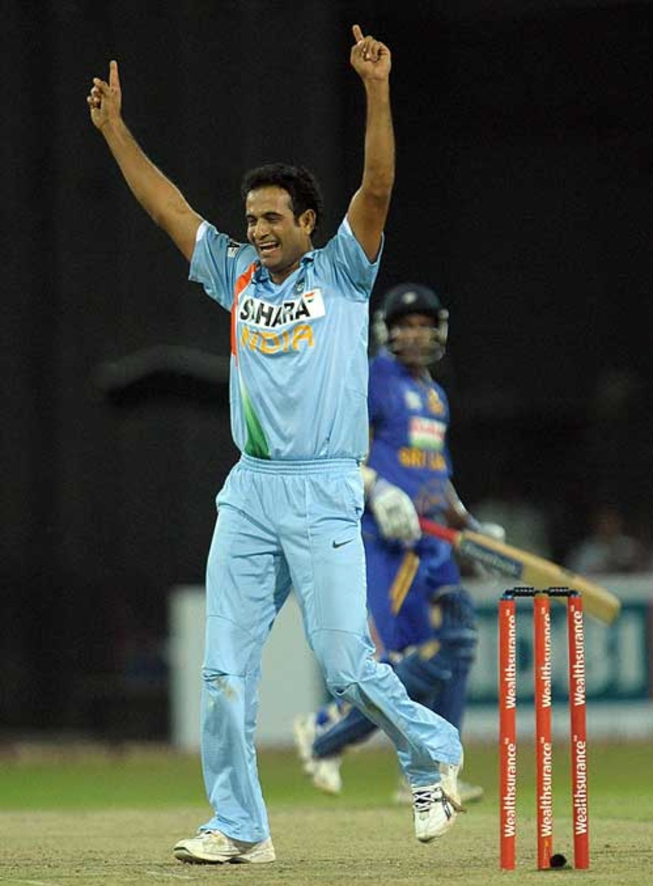 Irfan Pathan celebrates dismissing Sanath Jayasuriya, Sri Lanka v India, Only T20 International, Colombo, February 10, 2009