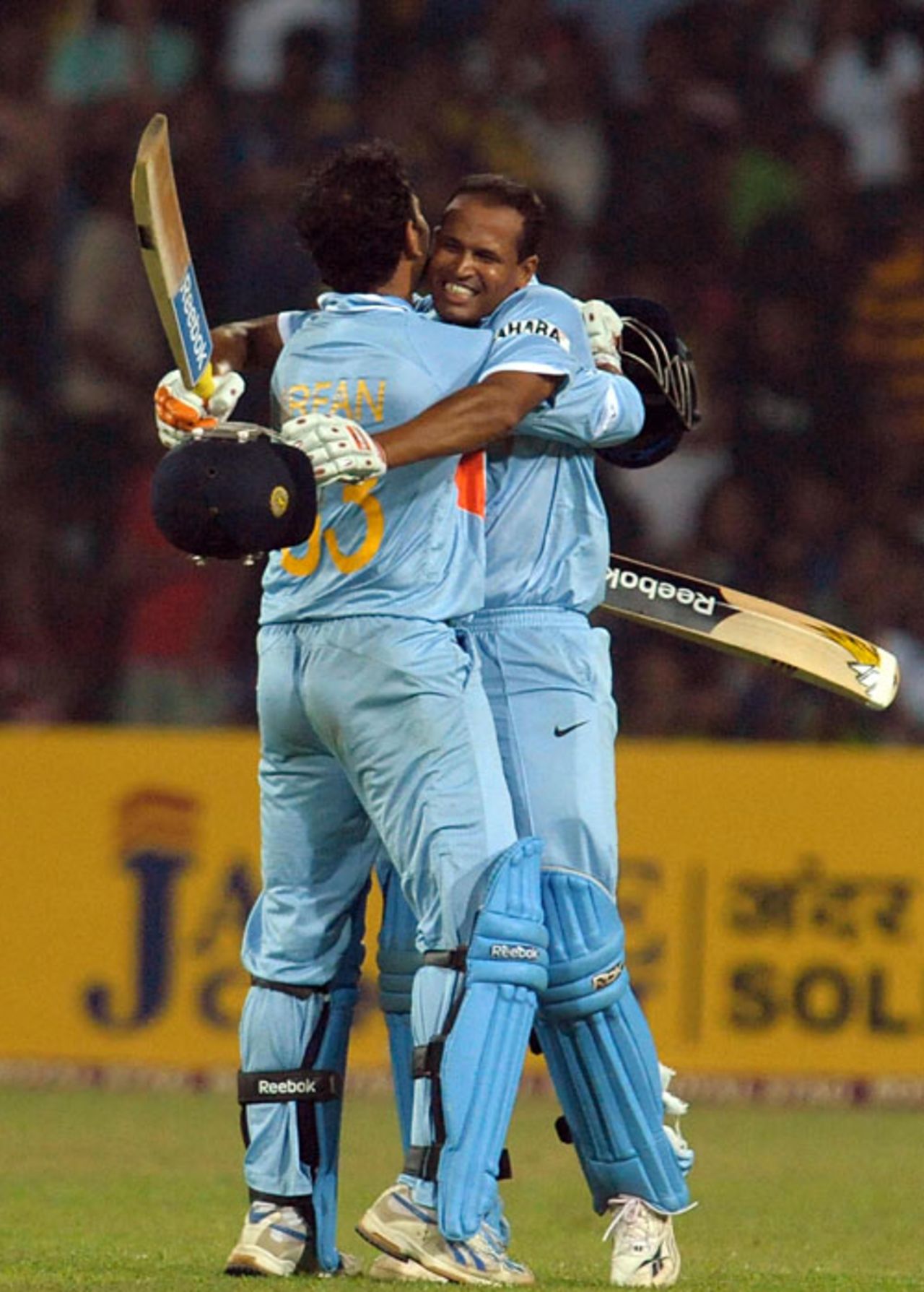 Yusuf and Irfan Pathan embrace after taking India to victory, Sri Lanka v India, Only T20 International, Colombo, February 10, 2009