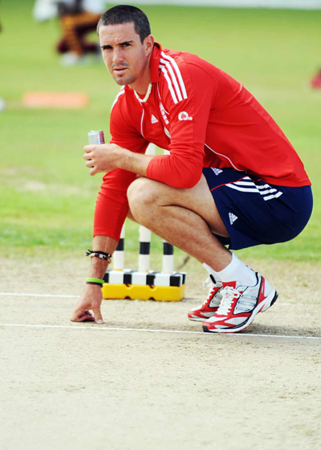 Kevin Pietersen has a look at the pitch on the eve of the second Test, The Sir Vivian Richards Cricket Ground, St. Johns, Antigua, February 12, 2009