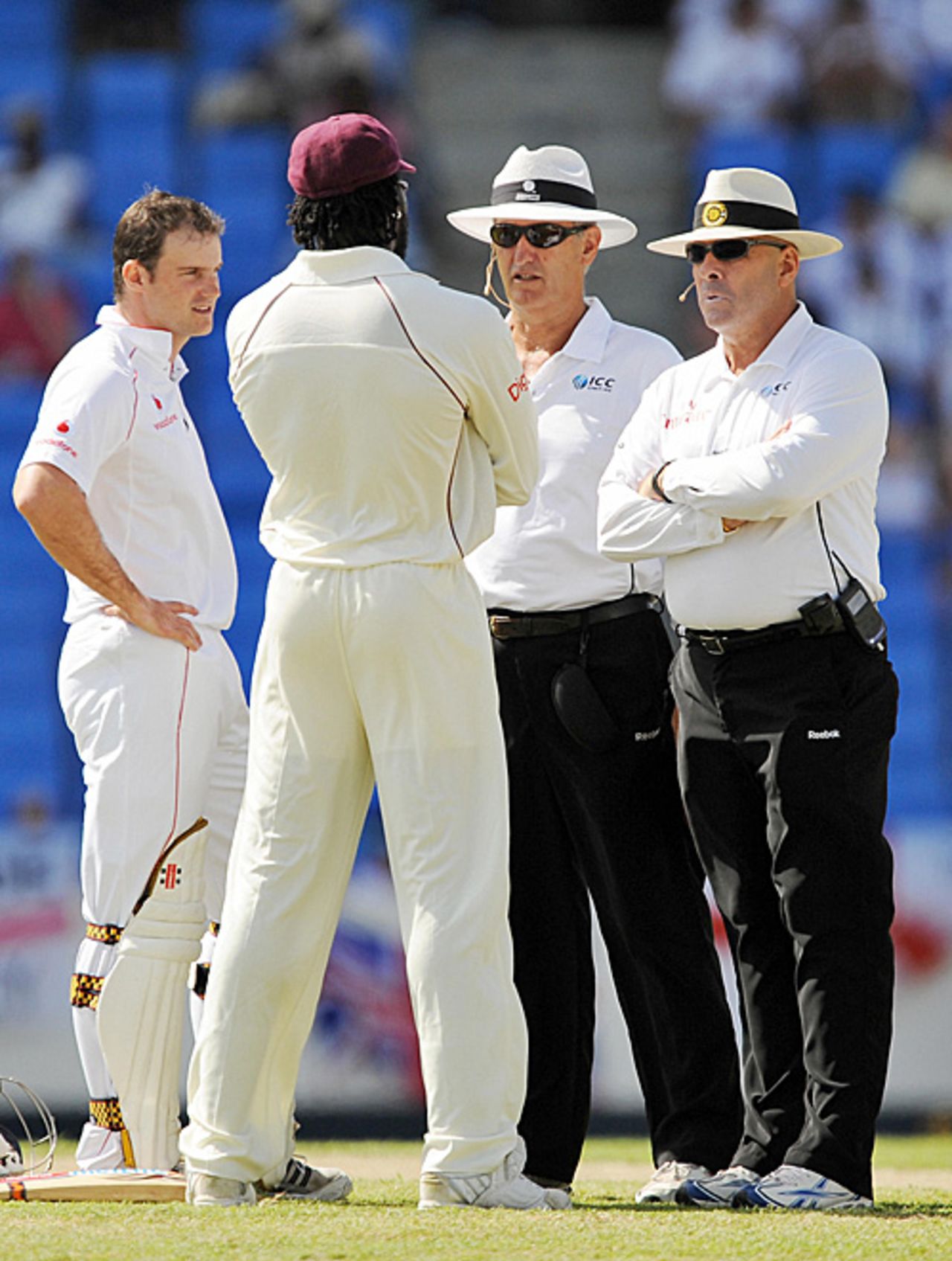 Andrew Strauss and Chris Gayle chat to the umpires play was abandoned for the day owing to a "dangerous" surface, West Indies v England, 2nd Test, St. Johns, Antigua, February 13, 2009