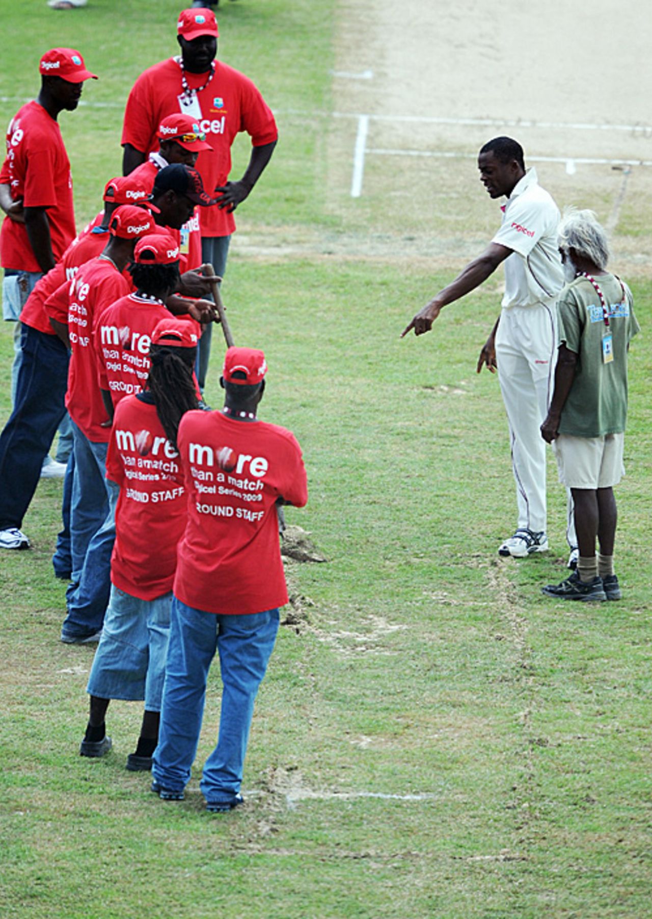 Daren Powell points to a suspect part of the bowlers' run-up on a farcical day in Antigua, West Indies v England, 2nd Test, St. Johns, Antigua, February 13, 2009