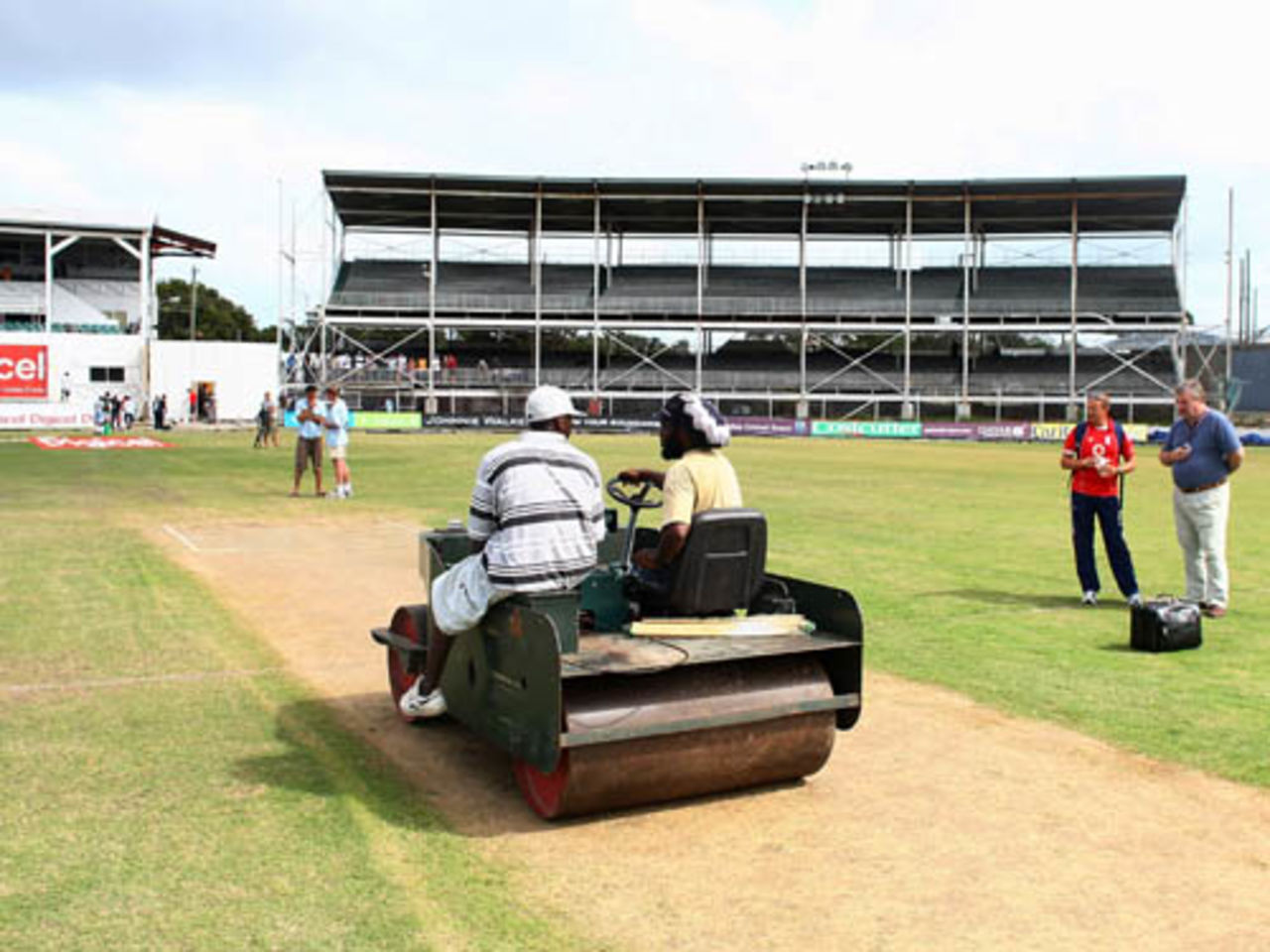 The pitch is rolled at the Antigua Recreation Ground, Antigua, February 14, 2009