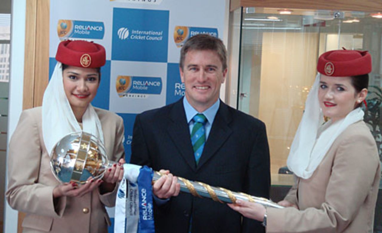 Errol Stewart, former South Africa wicketkeeper and ICC sponsorship services manager, hands over the ICC Test Championship mace to representatives from Emirates Airline. The mace is en route to Johannesburg where it will be presented to the winner of the South Africa v Australia Test series, Dubai, February 15, 2009
