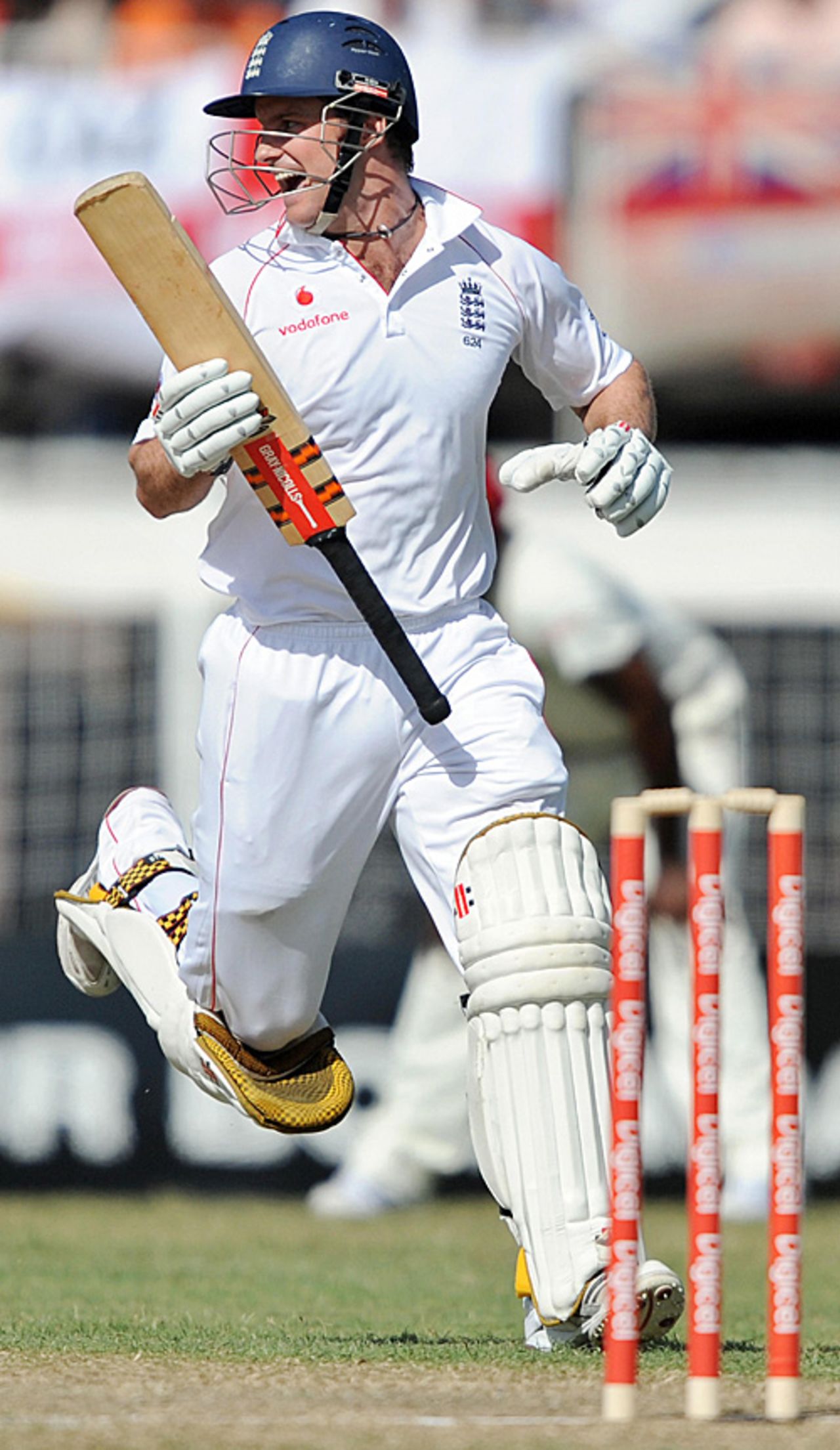 A delighted Andrew Strauss runs through and celebrates his hundred against West Indies, West Indies v England, 3rd Test, Antigua, February 15, 2009
