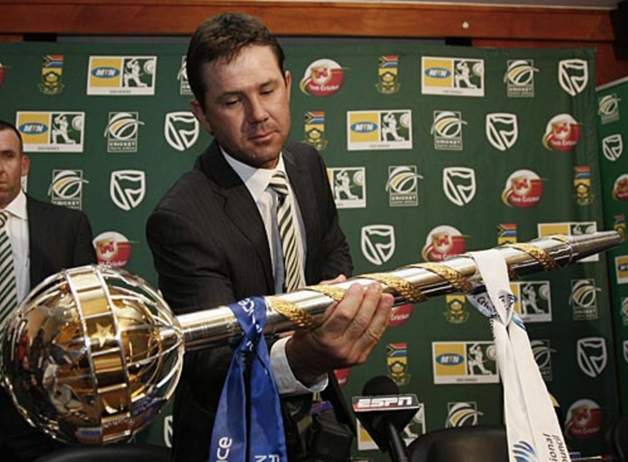 Ricky Ponting with the Test Championship trophy on arrival in South Africa, Johannesburg, February 16, 2009
